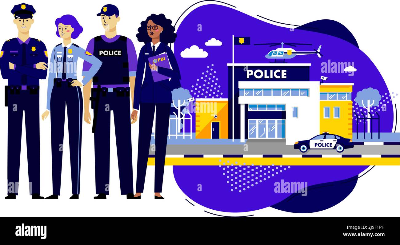 City police department and team of young officers men and women characters. Stock Vector