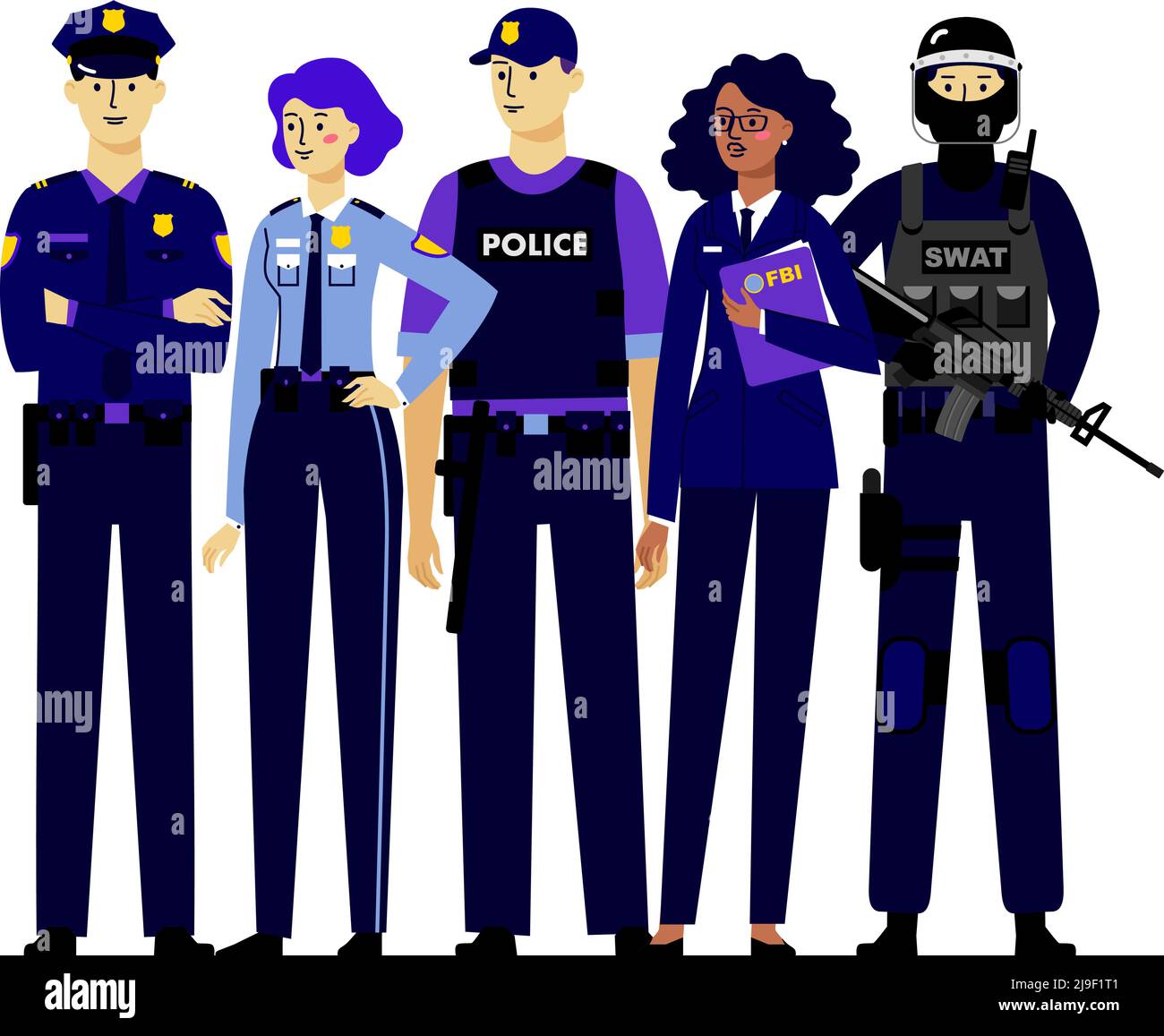 City police team. Set of different young officers men and women standing together. Stock Vector