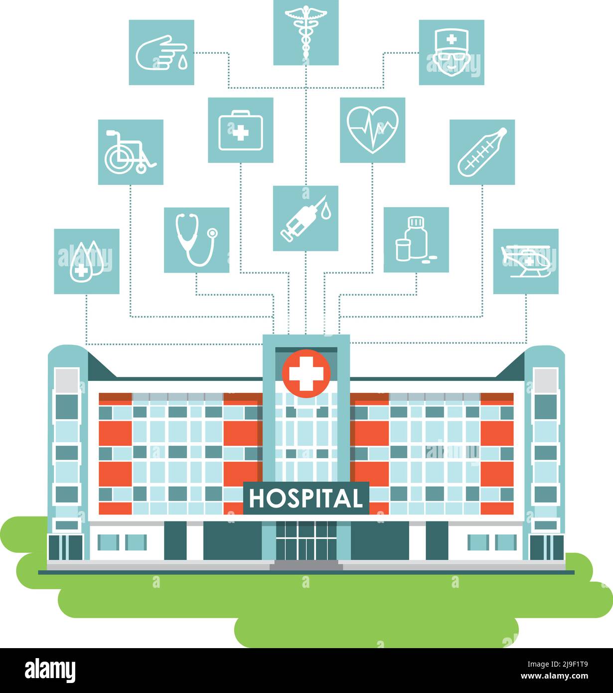 City background with hospital building, ambulance car and different medicine icons isolated on white background Stock Vector