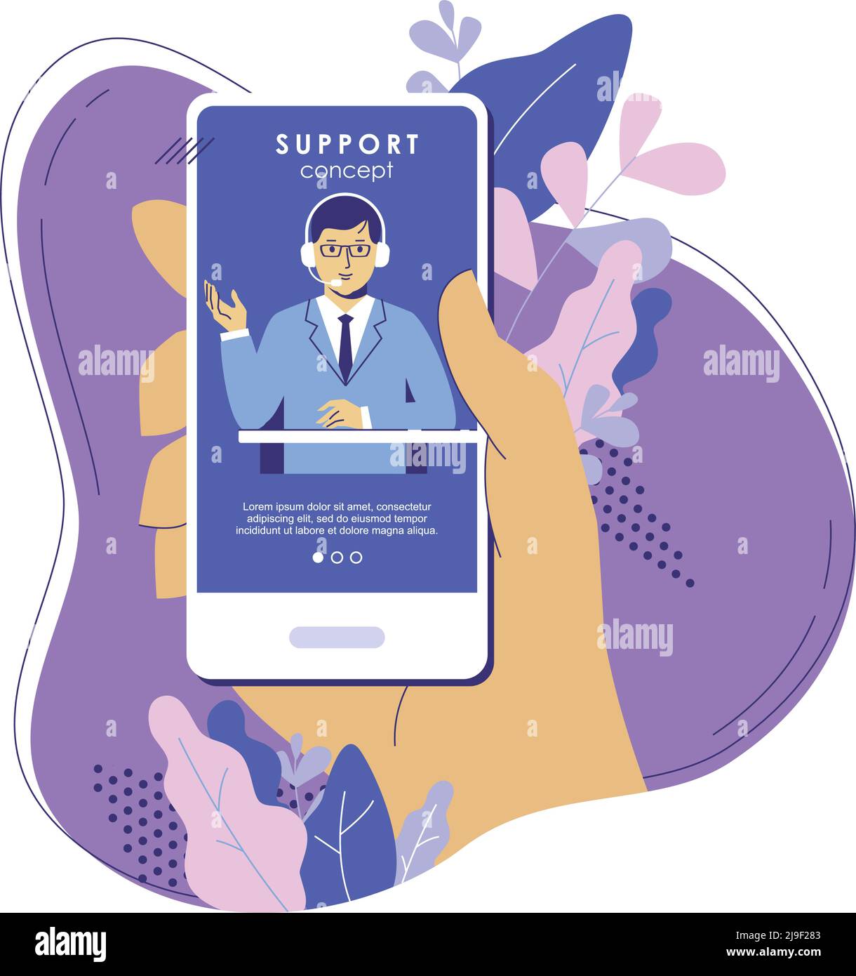 Young assistant man with headset in call center. Customer with phone. Stock Vector