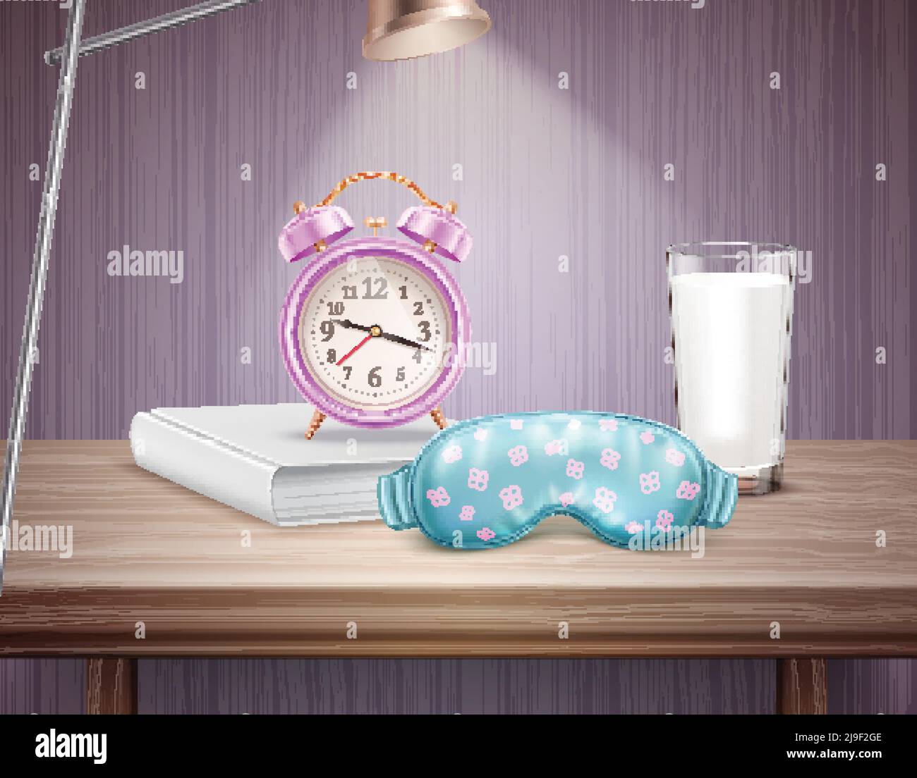 Sleep accessories alarm clock book and glass of milk on bedside table