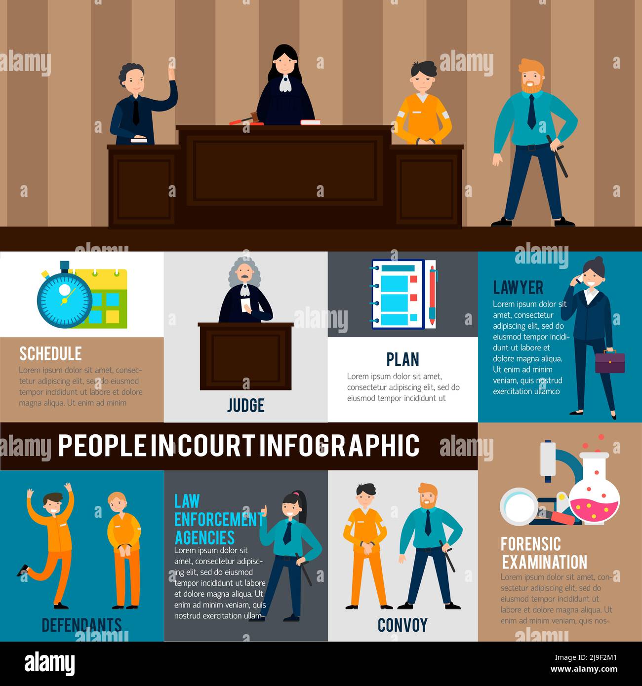 Law system infographic template with attorney judge defendants