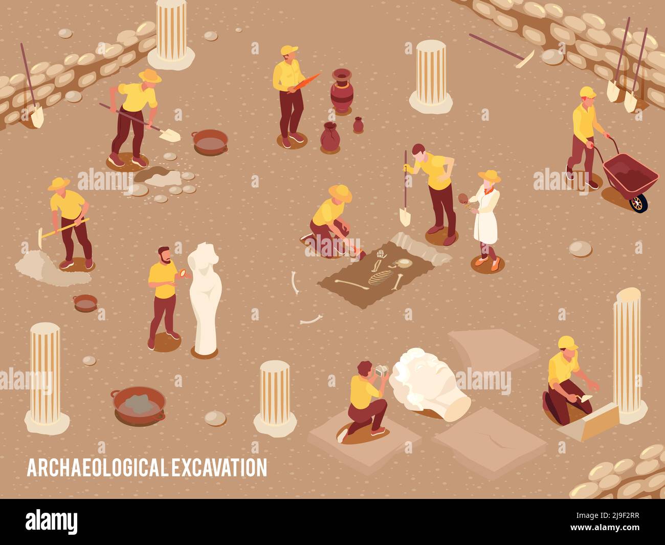 Archeology isometric background with archeological excavation of ancient artifacts process 3d vector illustration Stock Vector