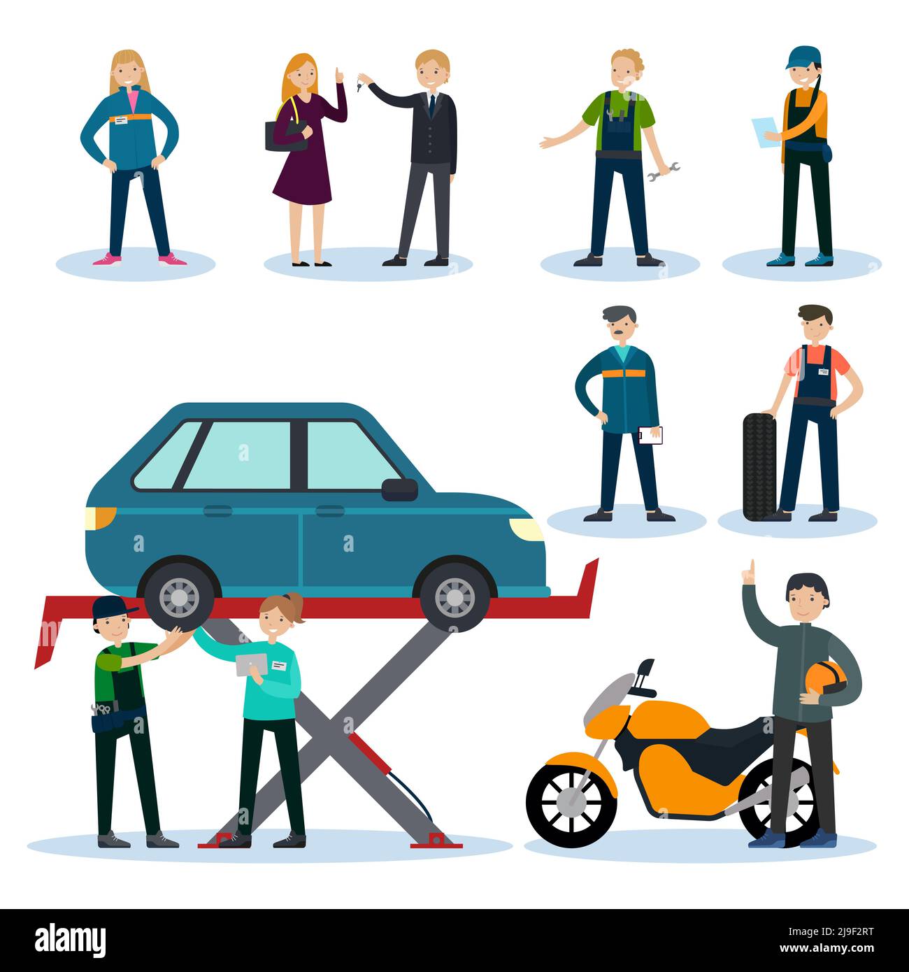 People in car repair service set with professional workers mechanics clients and customers isolated vector illustration Stock Vector