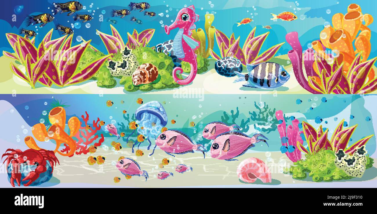 Cartoon bright marine life horizontal banners with fishes seahorse crab ...