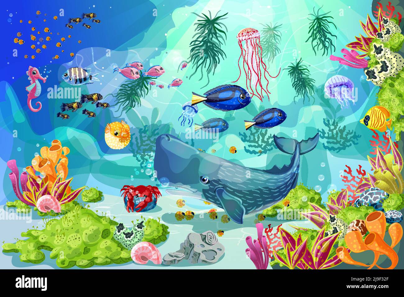 Cartoon marine underwater landscape template with whale fishes ...