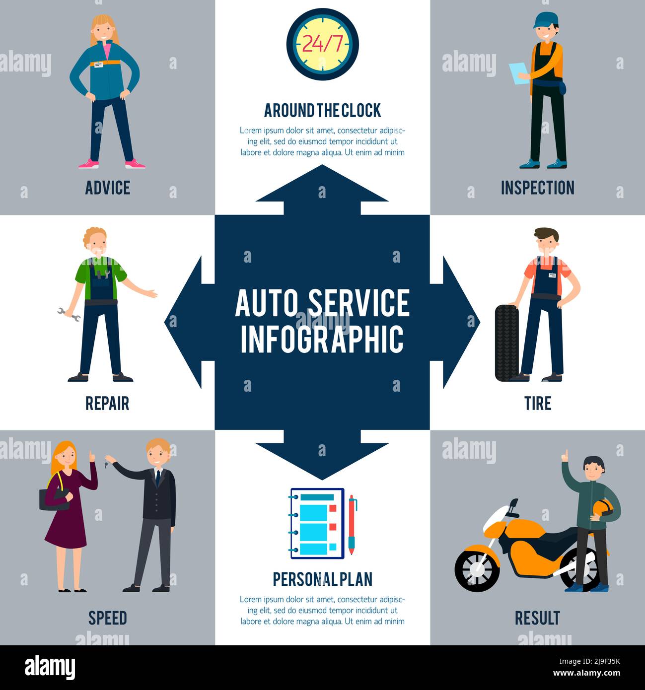 Flat car repair infographic concept with workers and different kinds of auto services vector illustration Stock Vector