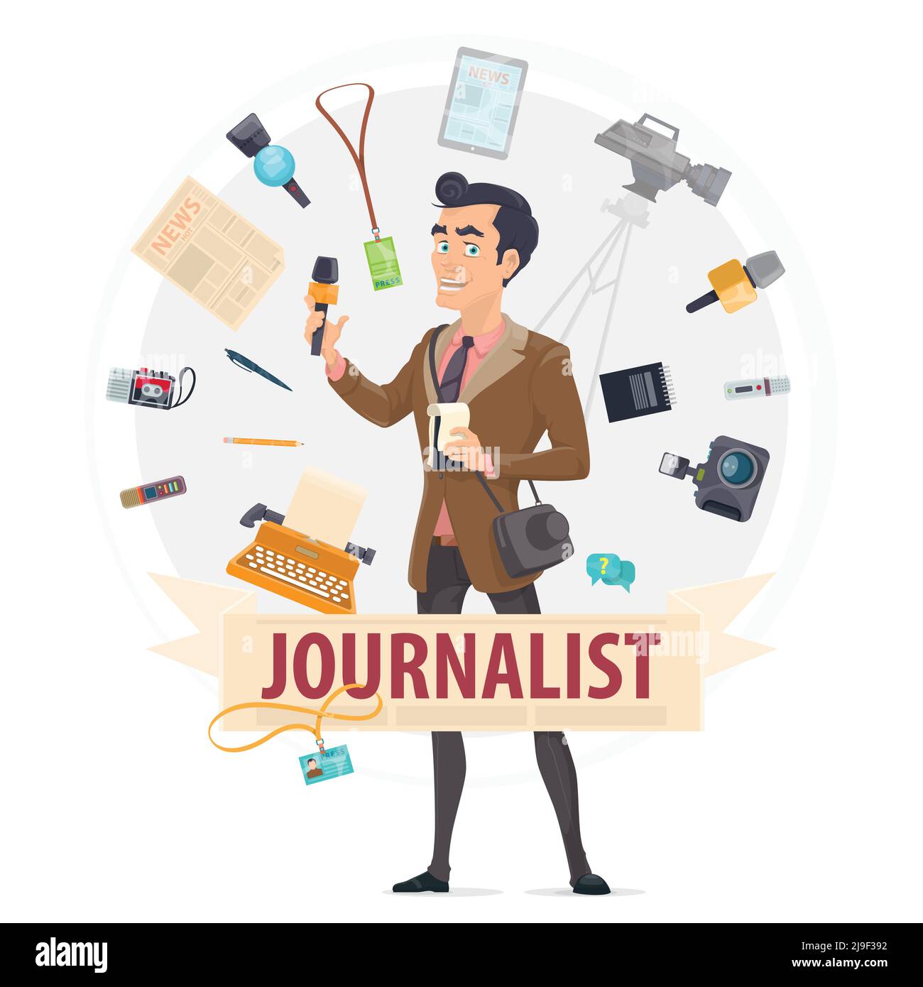 Colorful reporter round concept with journalist professional equipment
