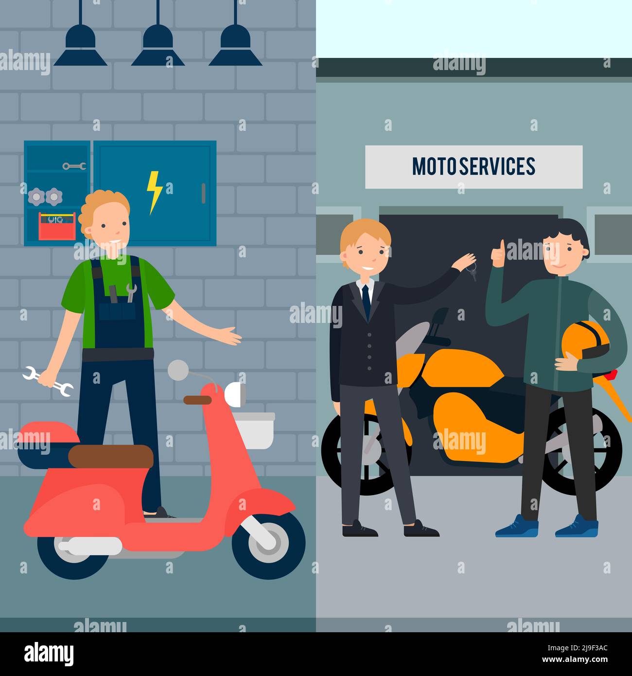 People in moto service vertical banners with mechanic manager and client in flat style vector illustration Stock Vector