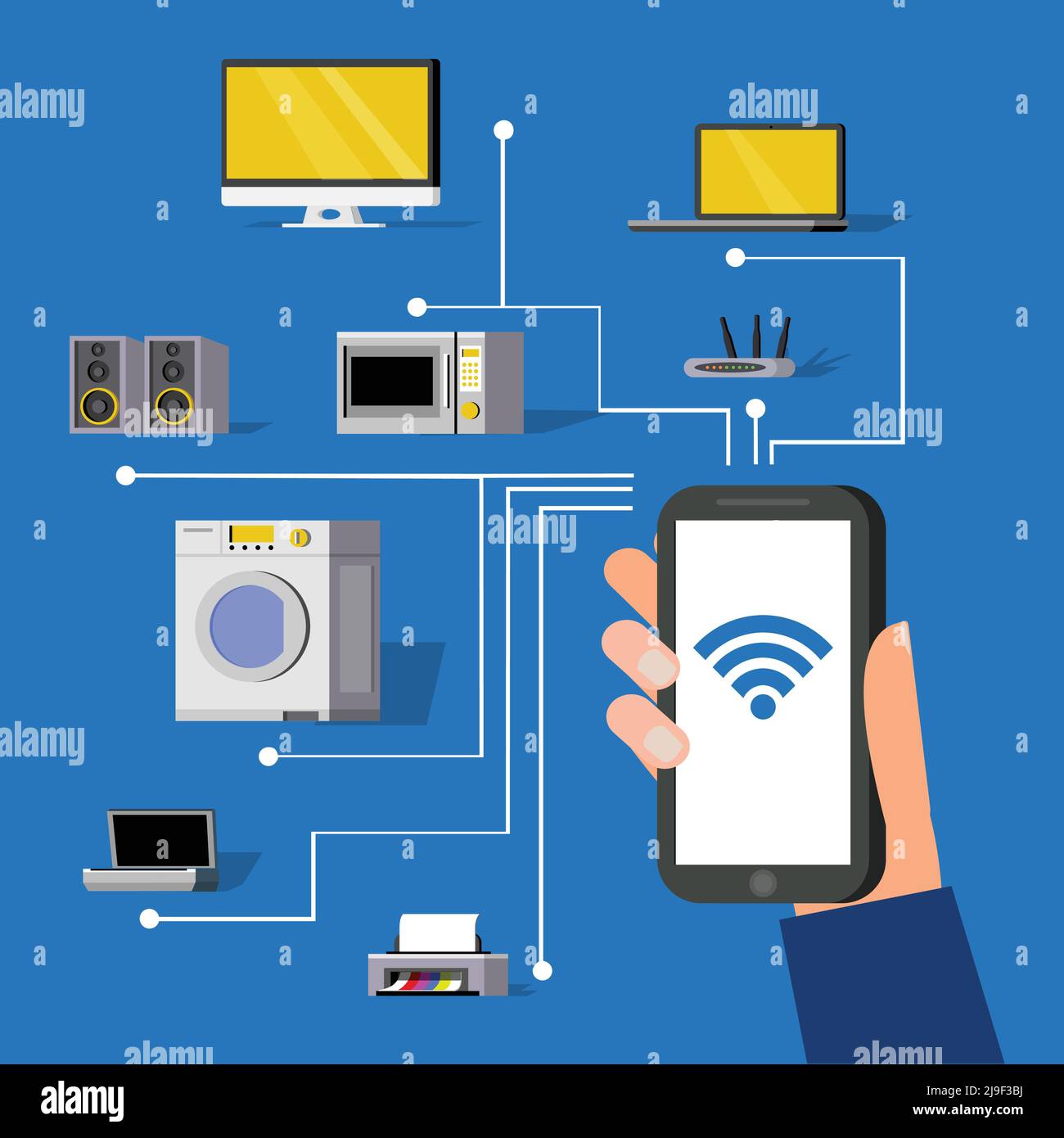 Wireless technology concept with remote control of tv laptop loudspeakers microwave router