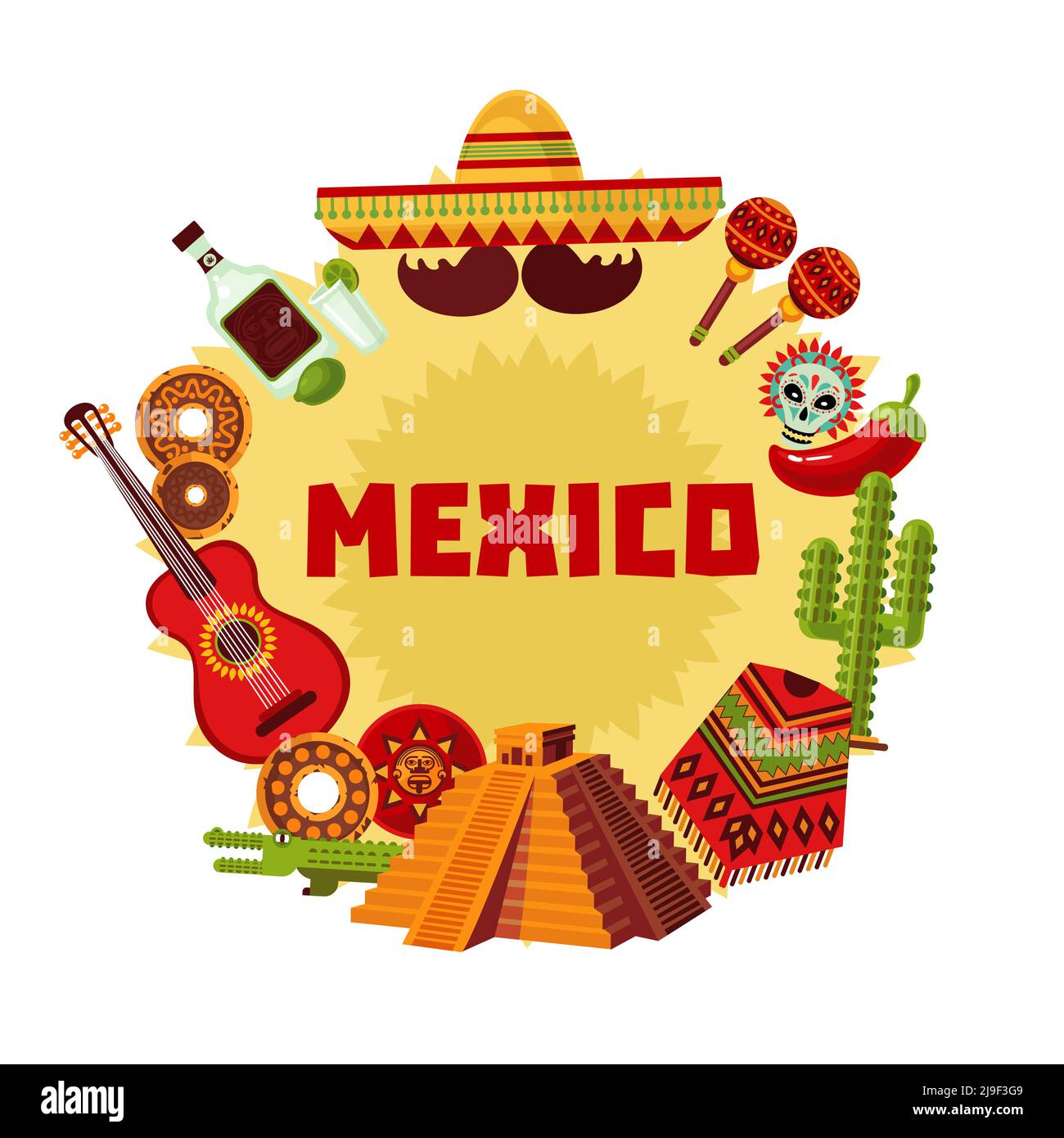 Mexico icons round concept with traditional cultural antique food music drink elements and items isolated vector illustration Stock Vector