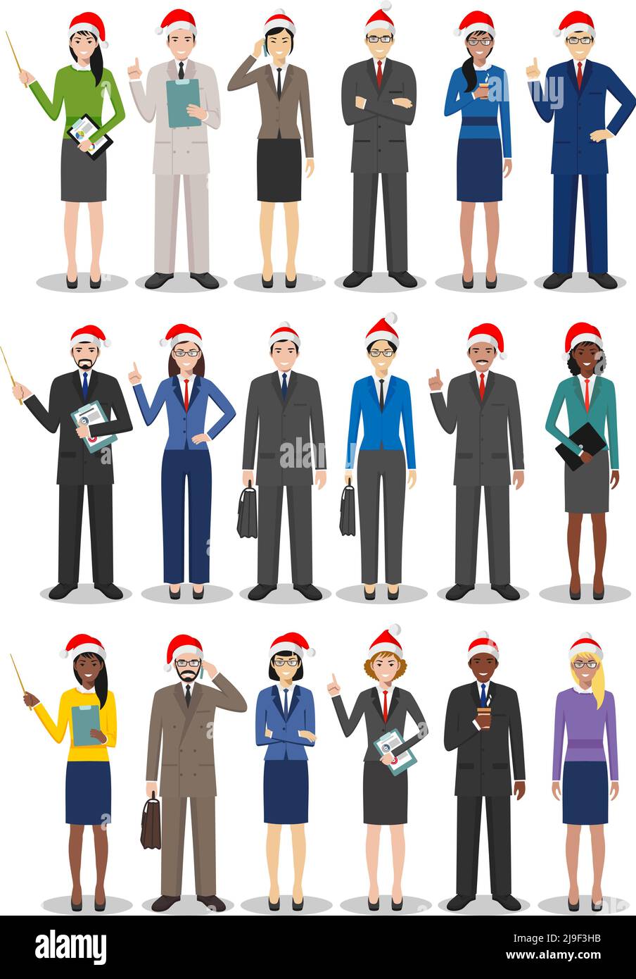 Set of diverse business people standing together in Santa Claus hats in flat style on white background. Different nationalities and dress styles. Cute Stock Vector