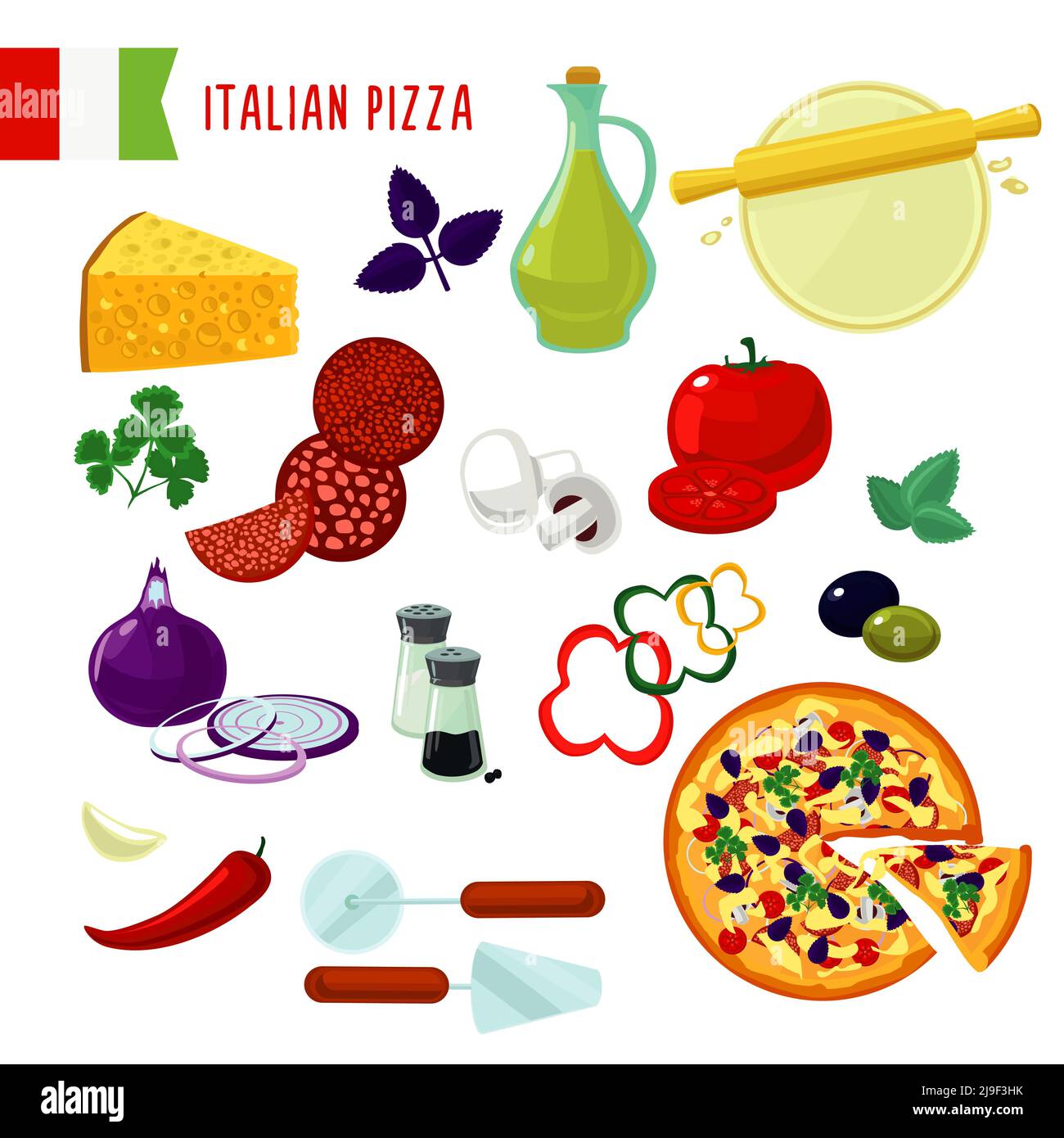 Cartoon italian pizza ingredients set with cheese sausages vegetables