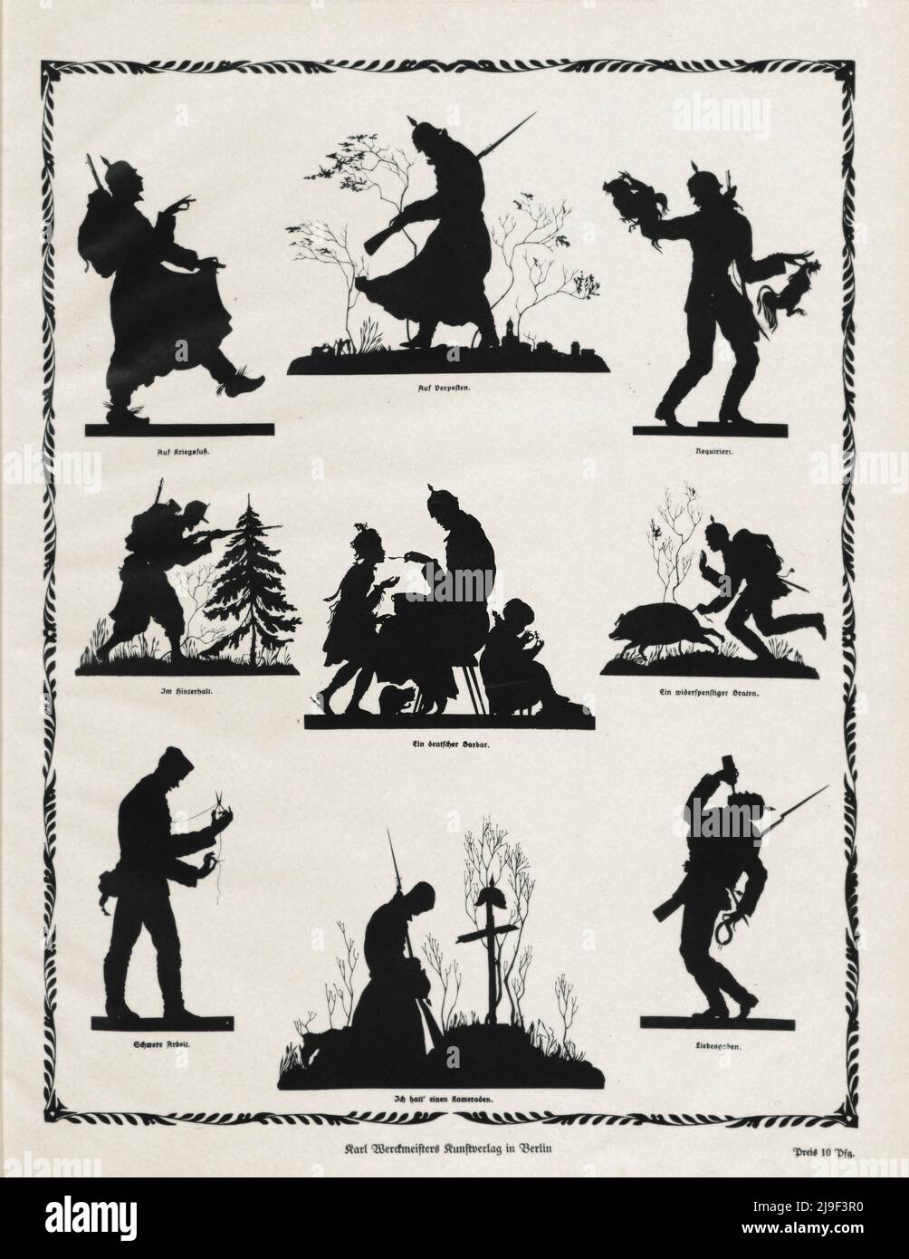 World War I black silhouette: Joy and Sorrow in Enemy Territory. Germany, 1915 Stock Photo