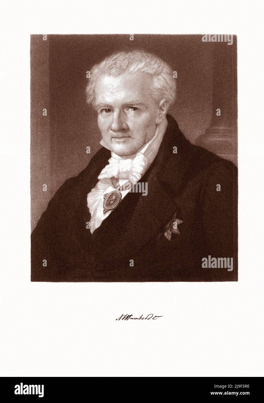 Portrait of Alexander von Humboldt. Engraving by John Sartain, 1808-1897. After Hildebrandt.  Friedrich Wilhelm Heinrich Alexander von Humboldt (1769– Stock Photo