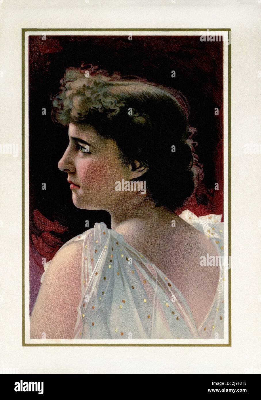Color lithograph of Emilie Charlotte Langtry.  Emilie Charlotte Langtry (née Le Breton; 1853 – 1929), known as Lillie (or Lily) Langtry and nicknamed Stock Photo