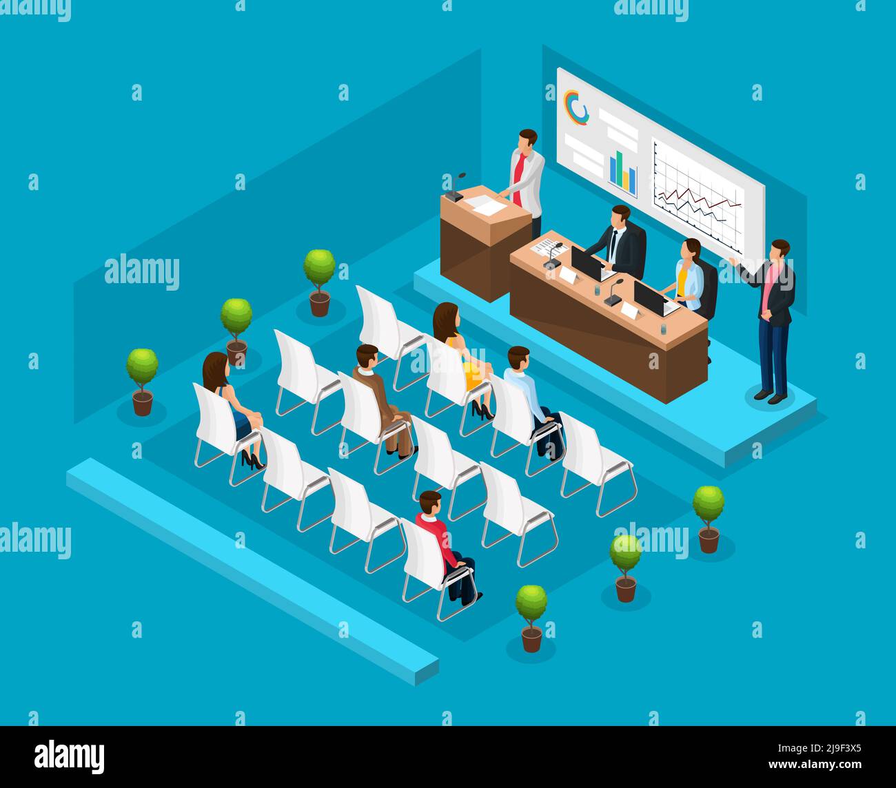 Development Conference Performance Employees Layout Isometric business conference template with presentation of company ...