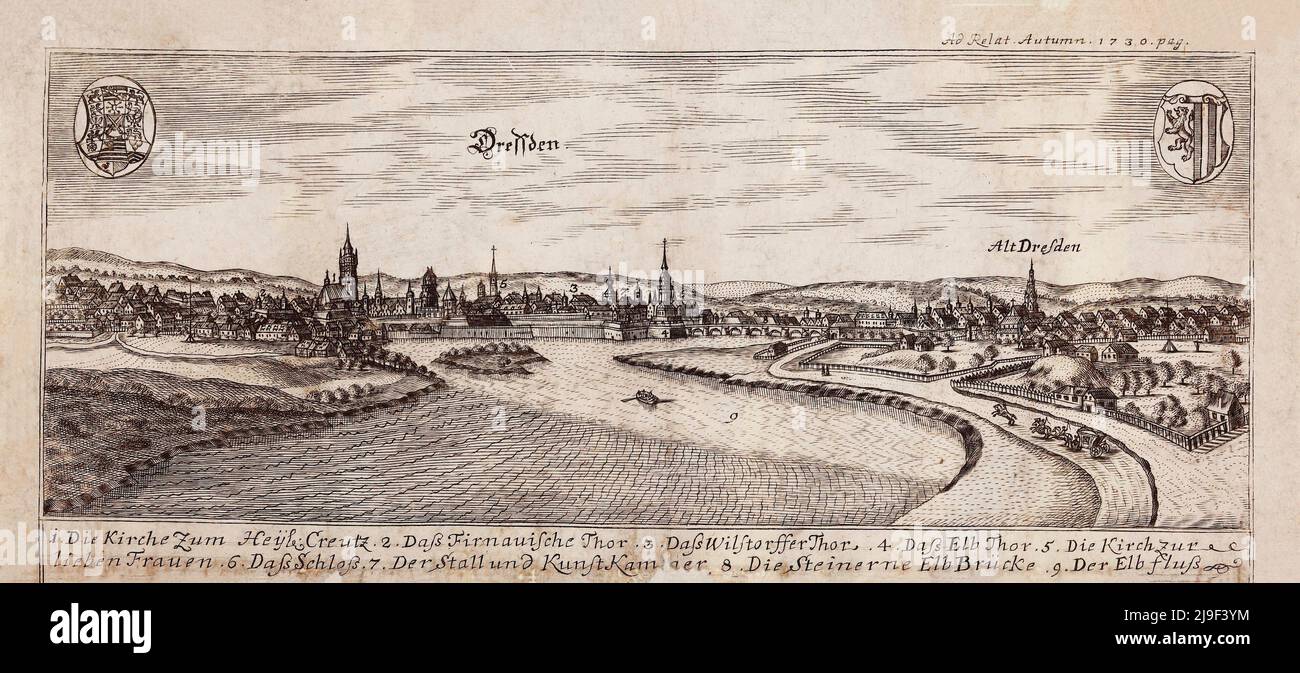 18th-century engraving of Dresden. 1730 1. The Church of the Holy Cross 2. Firnauische gate 3. The Wilsdruffer gate (in older times also called Wilisc Stock Photo