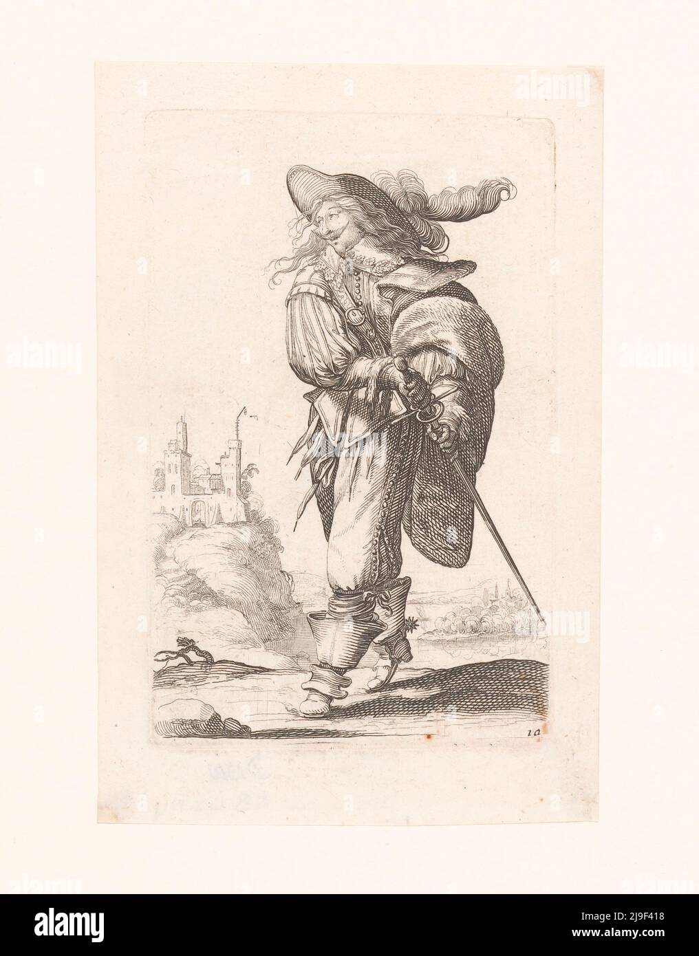French nobleman, drawing his sword, dressed according to the fashion of ca. 1629. By Abraham Bosse, 1629 Stock Photo