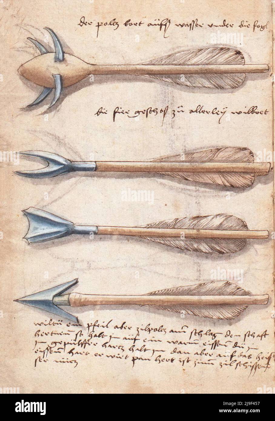 Medieval illustration of different types of crossbow arrows. The tools of Martin Löffelholz (1505) Löffelholtz Codex. Illustrations and descriptions o Stock Photo
