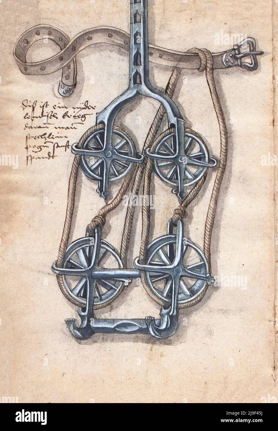 Medieval illustration of Samson's belt spanning mechanism for crossbow. The tools of Martin Löffelholz (1505) Löffelholtz Codex. Illustrations and des Stock Photo