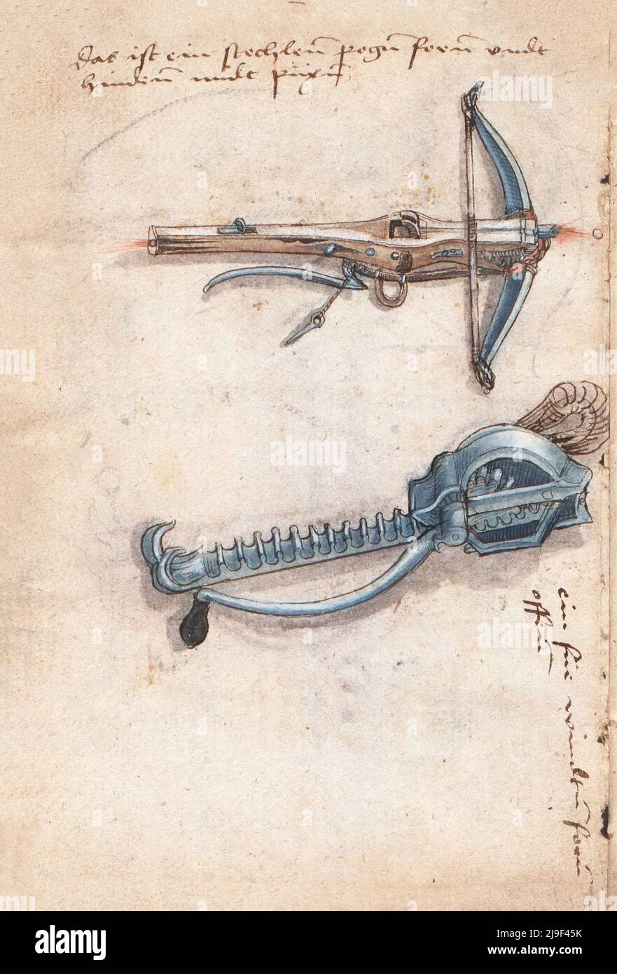 Medieval illustration of crossbow and crossbow's iron cranequin. The tools of Martin Löffelholz (1505) Löffelholtz Codex. Illustrations and descriptio Stock Photo