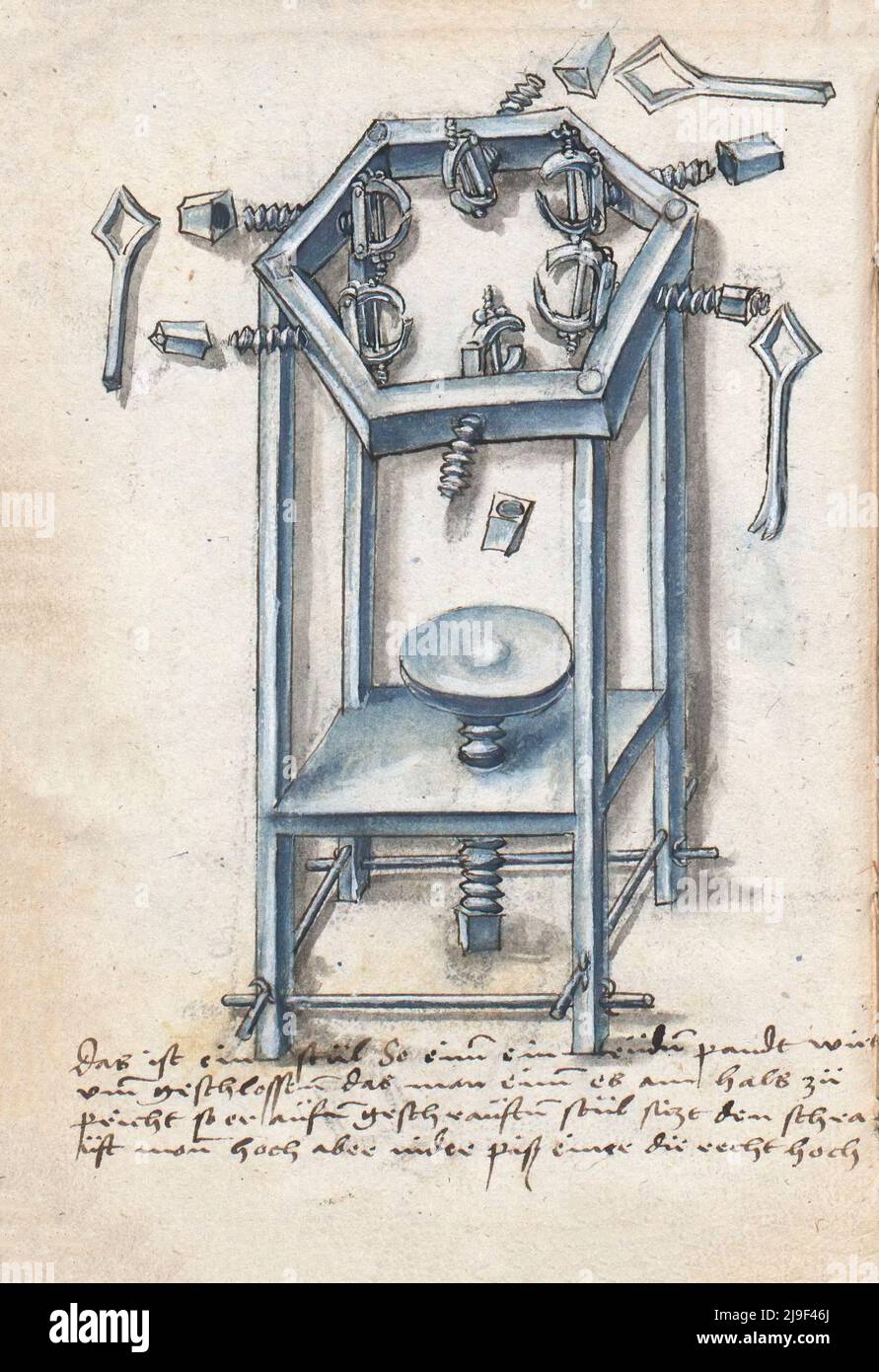 Medieval illustration of locksmith vise. The tools of Martin Löffelholz (1505) Löffelholtz Codex. Illustrations and descriptions of all sorts of hand Stock Photo
