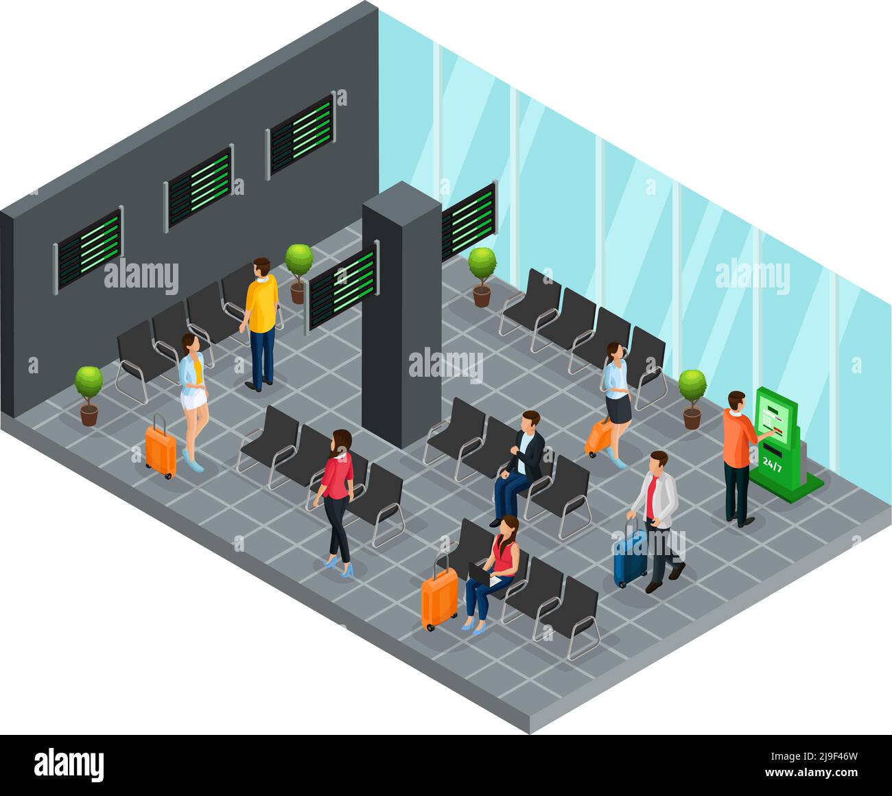 Isometric airport departure lounge concept with passengers waiting for ...
