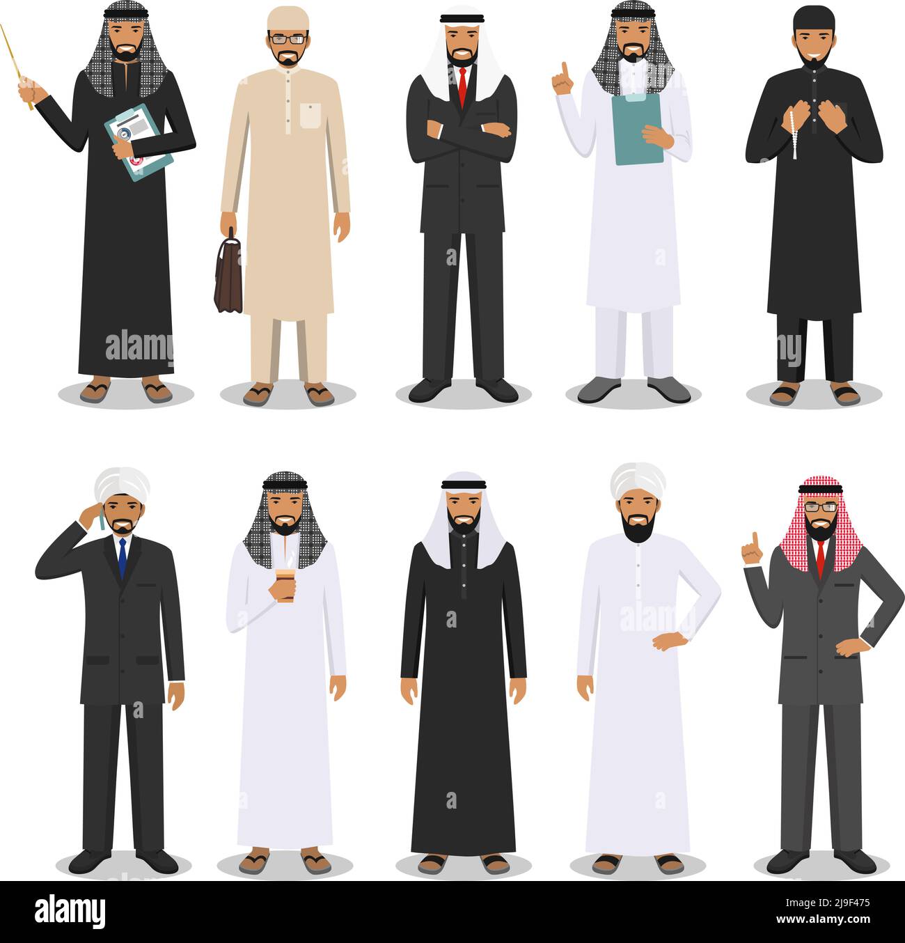 Detailed illustration of muslim or indian businessman standing in different positions in flat style on white background. Stock Vector