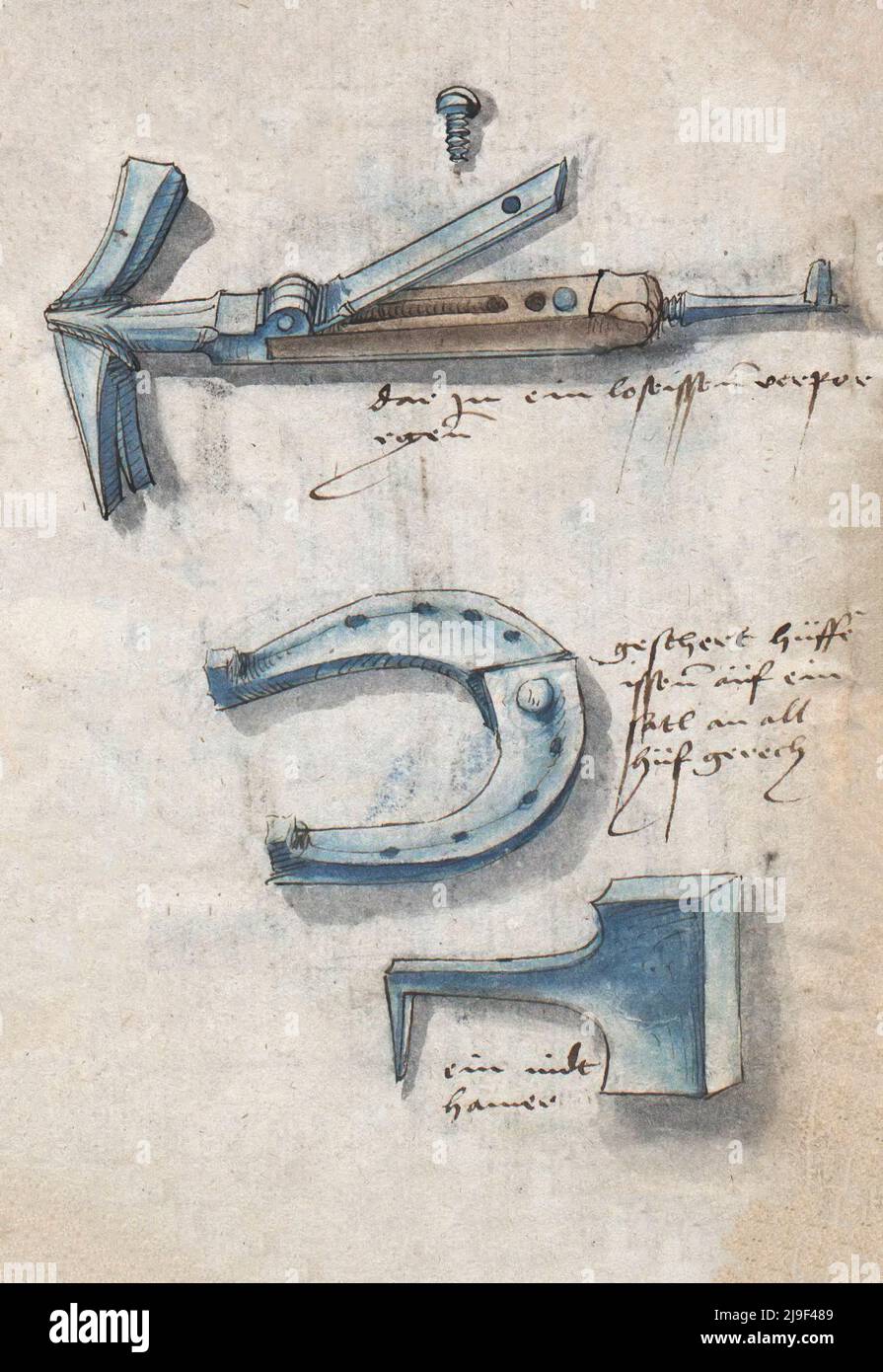Medieval illustration of tools. The tools of Martin Löffelholz (1505) Löffelholtz Codex. Illustrations and descriptions of all sorts of hand tools, in Stock Photo