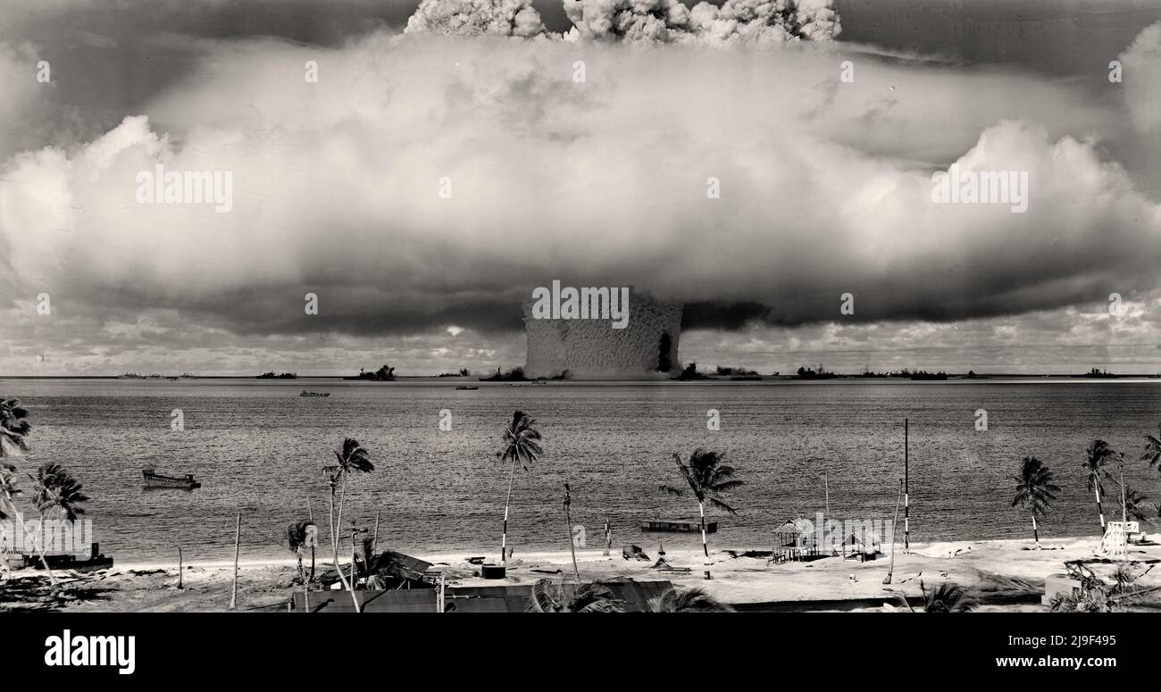 Vintage photo of a test nuclear explosion codenamed “Baker” at Bikini Atoll in the Marshall Islands, on July 25, 1946. The 40 kiloton atomic bomb was Stock Photo