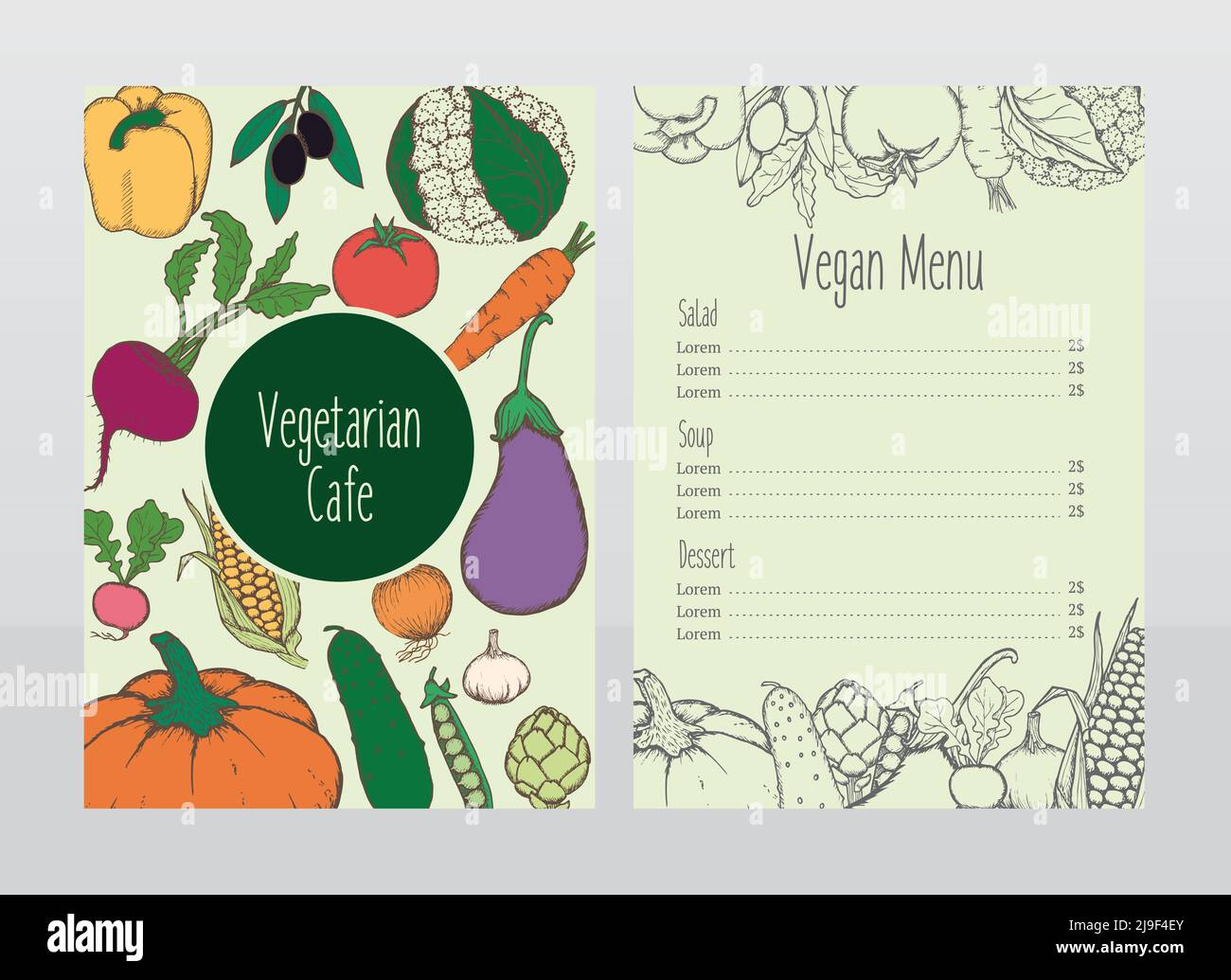 Hand drawn vegetarian cafe menu template with salads soups and desserts