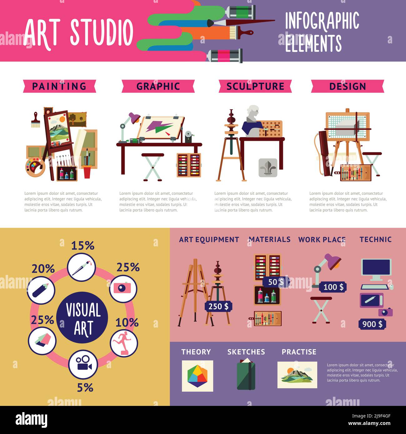 Colorful art studio infographic concept with professional equipment