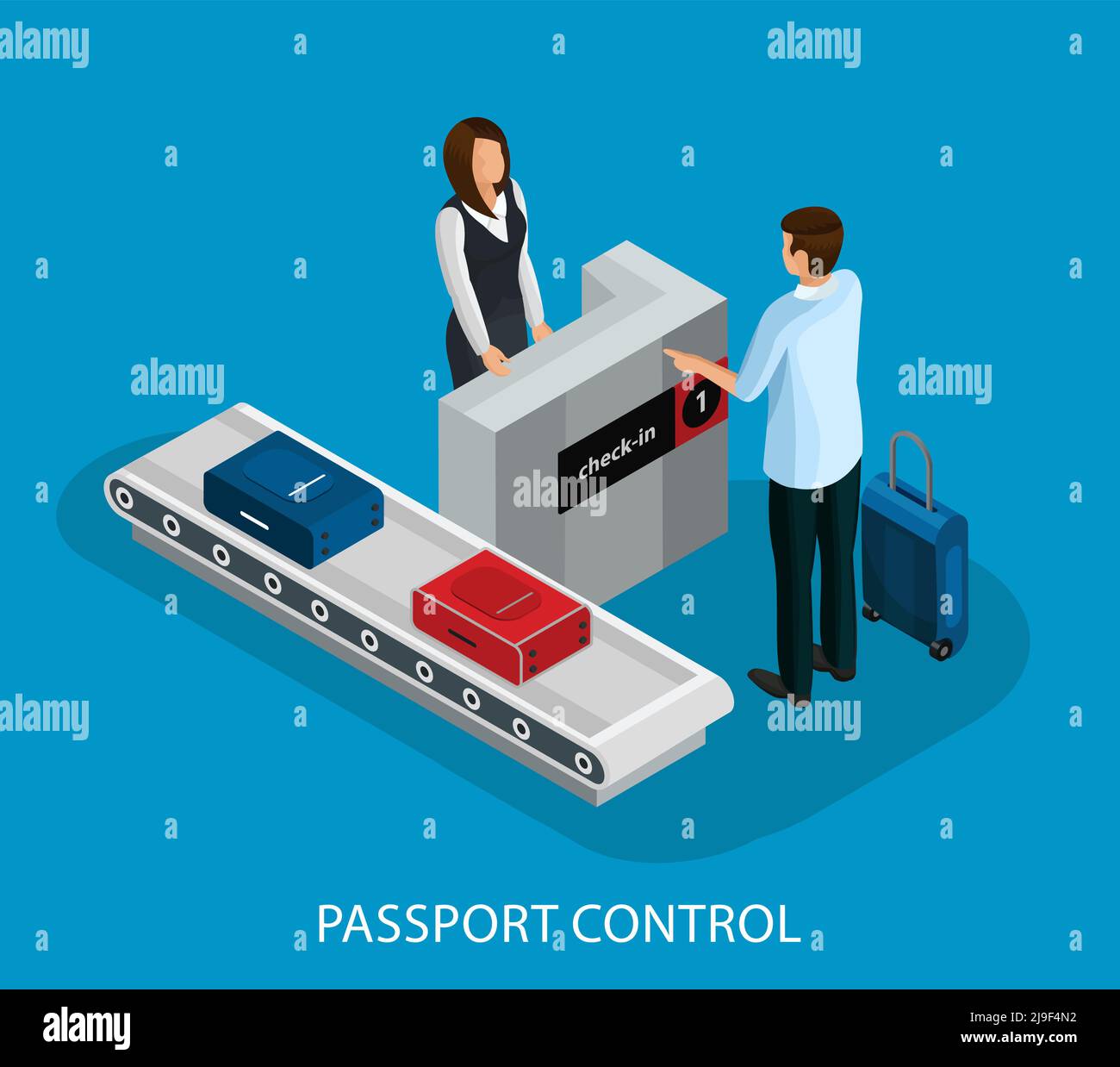 Isometric customs control in airport concept with tourist passing ...