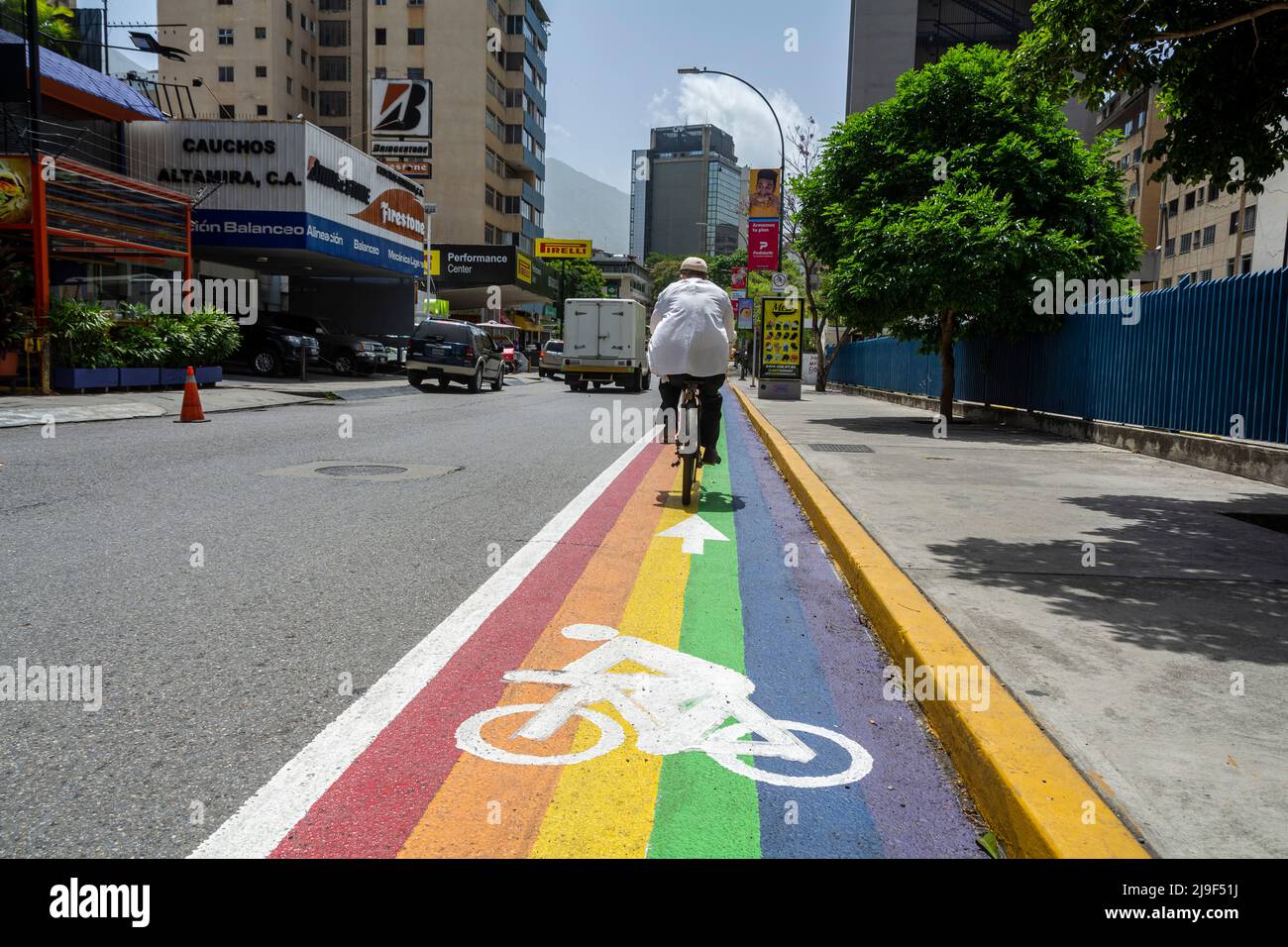 Roll with diversity. Ride a bike for diversity. Bike for respect for diversity on the route of the rainbow flag bike path in Chacao. Caracas, Venezuel Stock Photo