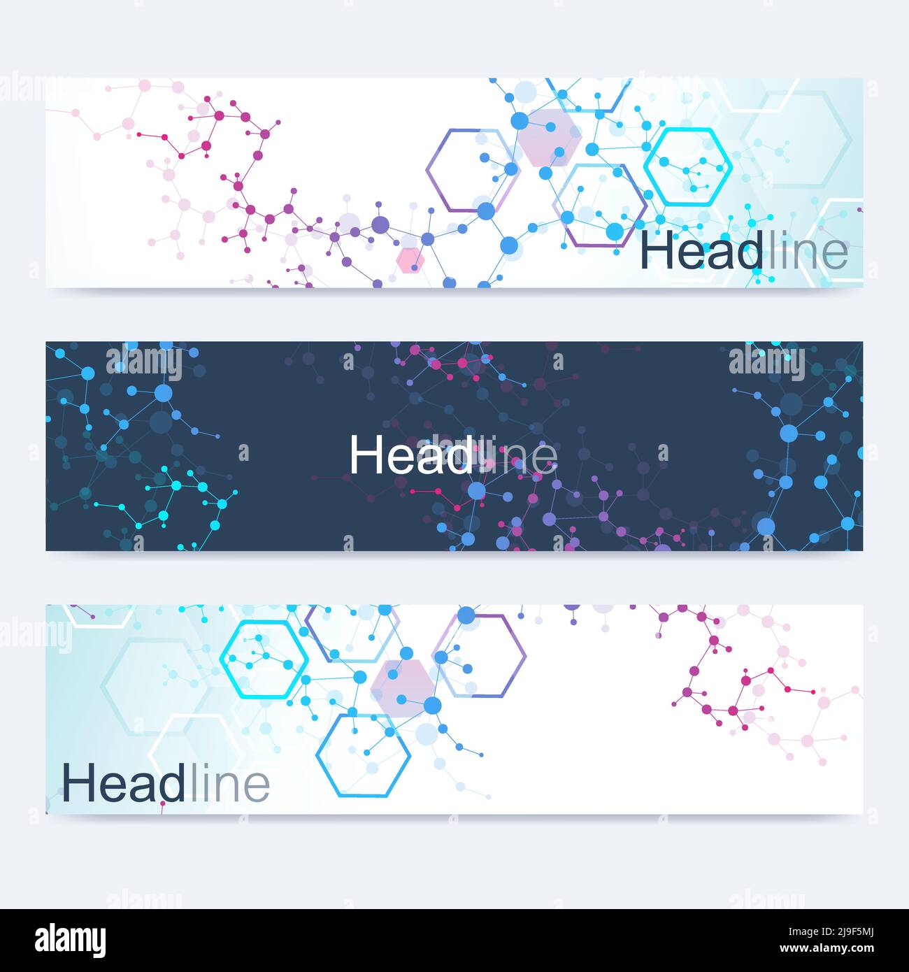 Scientific set of modern vector banners. DNA molecule structure with ...