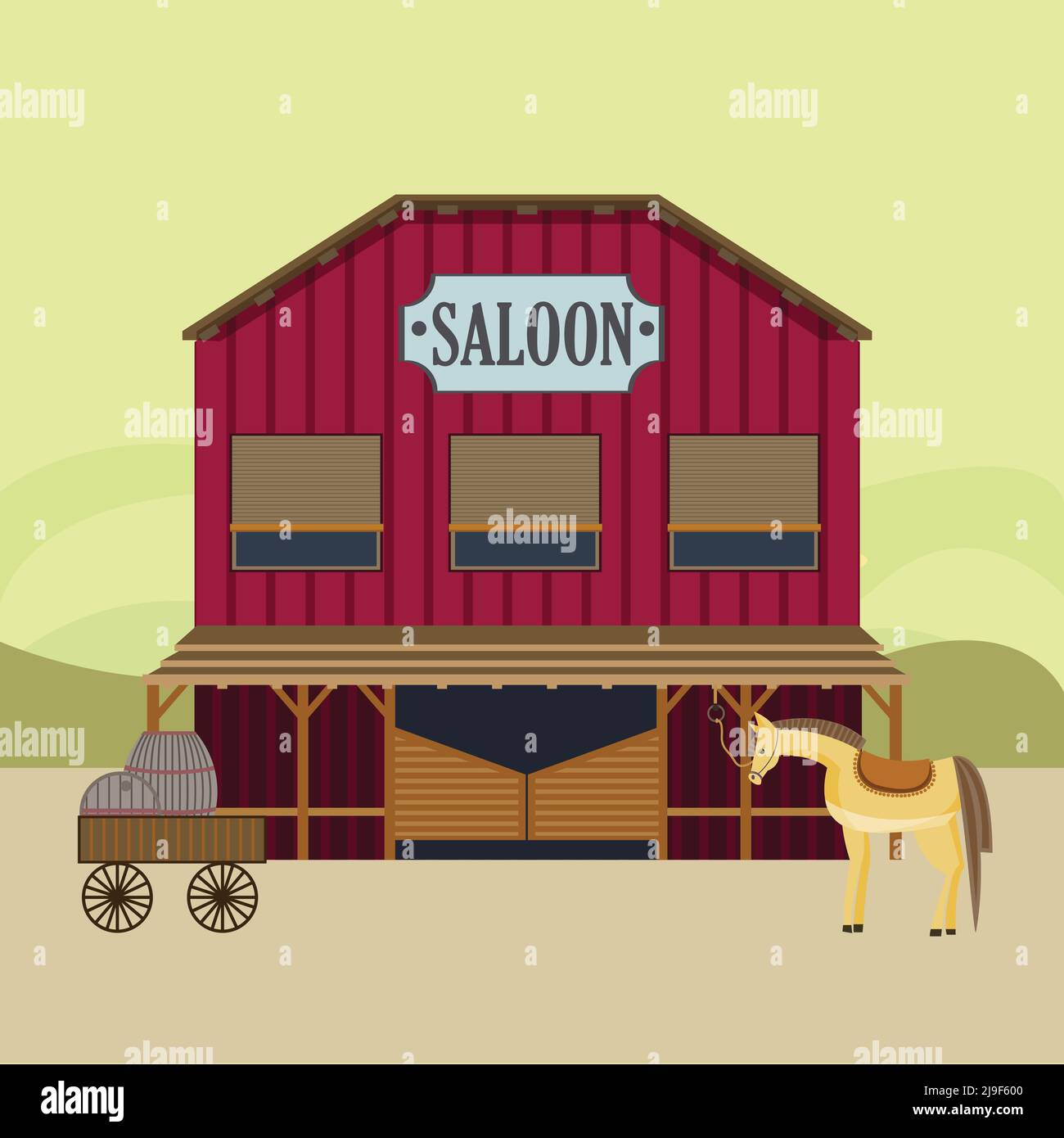 Flat wild west landscape template with saloon building horse waggon wooden barrels vector illustration Stock Vector
