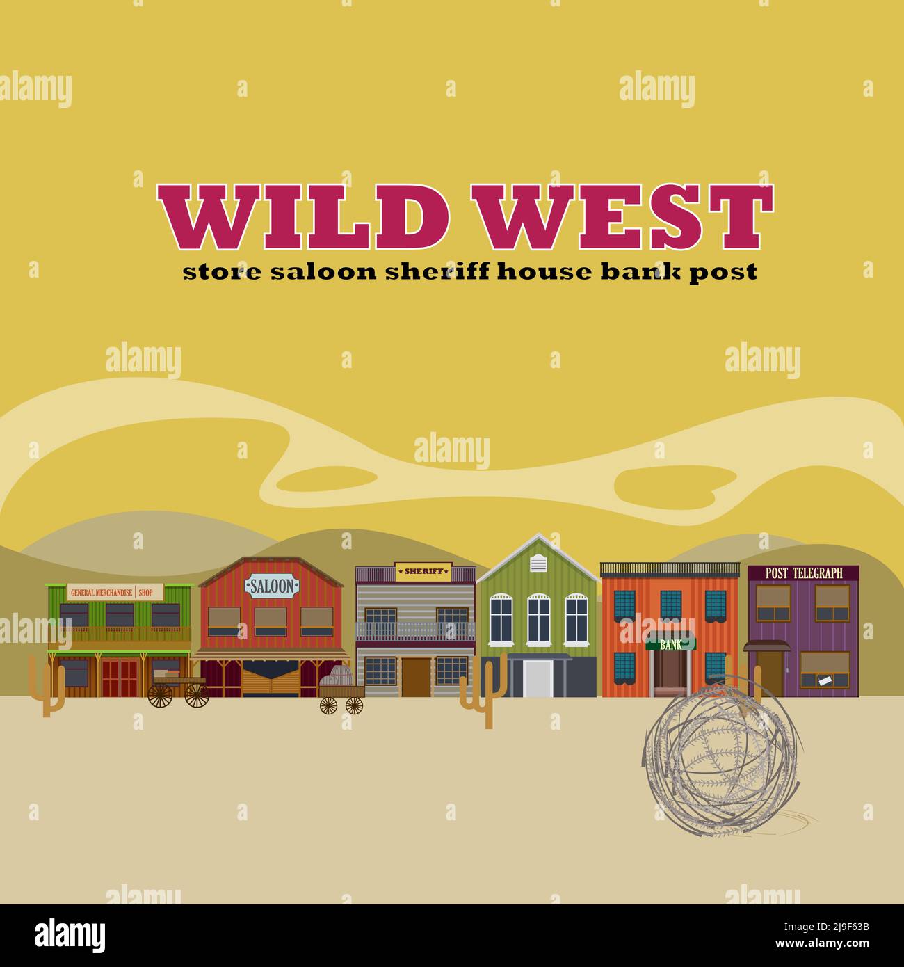 Flat wild west street scenery background with colorful building facades and cactuses vector illustration Stock Vector
