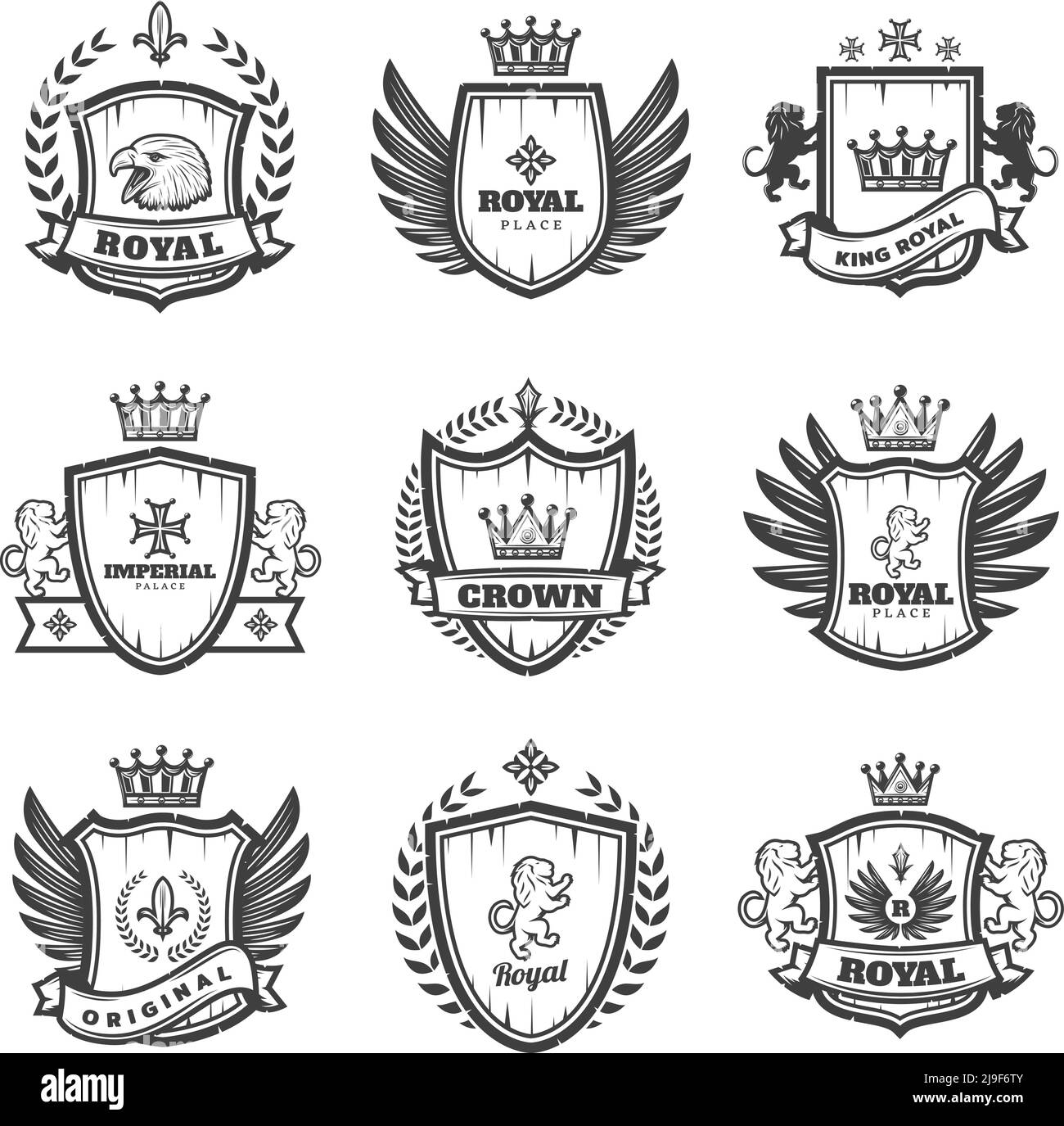 Vintage monochrome heraldic emblems set with ornate coats of arms and medieval blazons isolated vector illustration Stock Vector