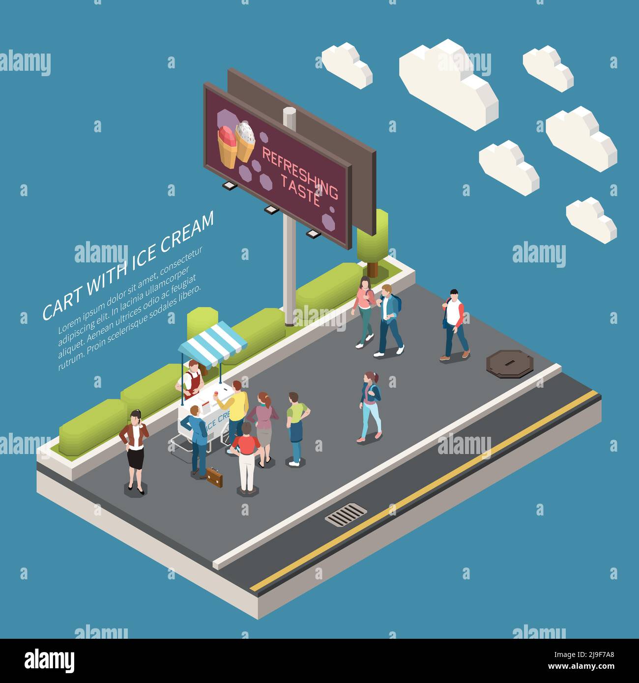 Cart with ice cream isometric background illustrated billboard with text refreshing taste and  people buying frozen food vector illustration Stock Vector