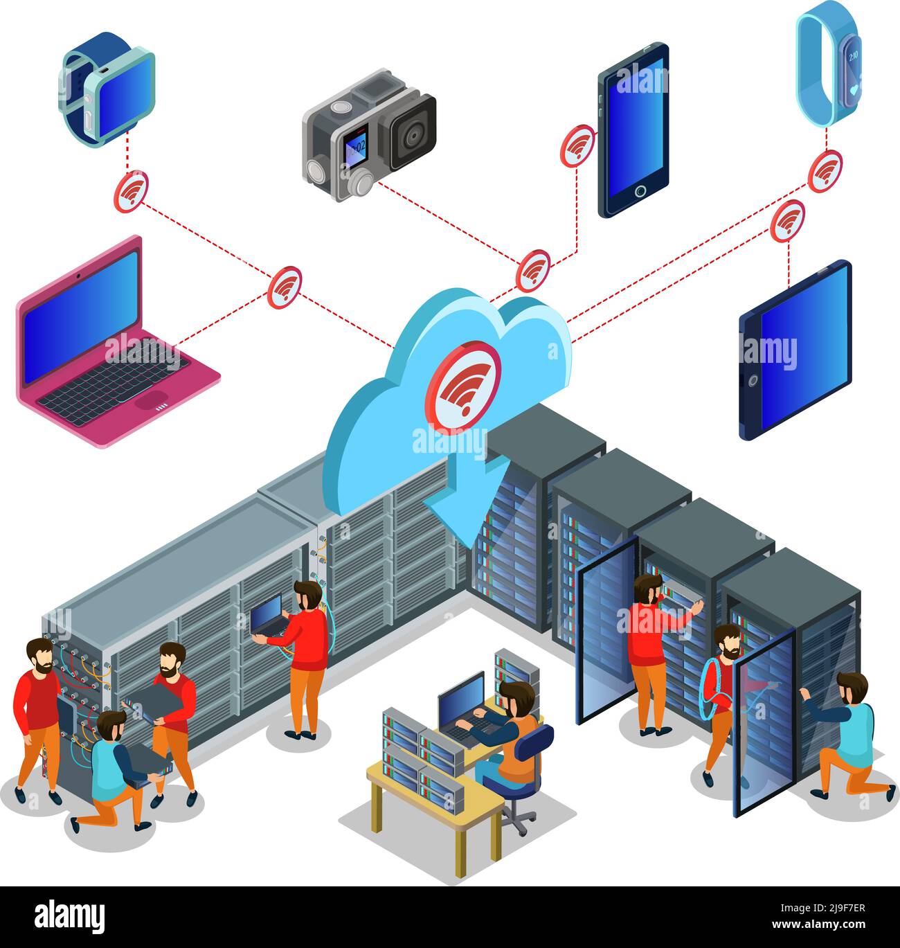 Isometric datacenter concept with technical workers server room and cloud storage for different electronic devices isolated vector illustration Stock Vector