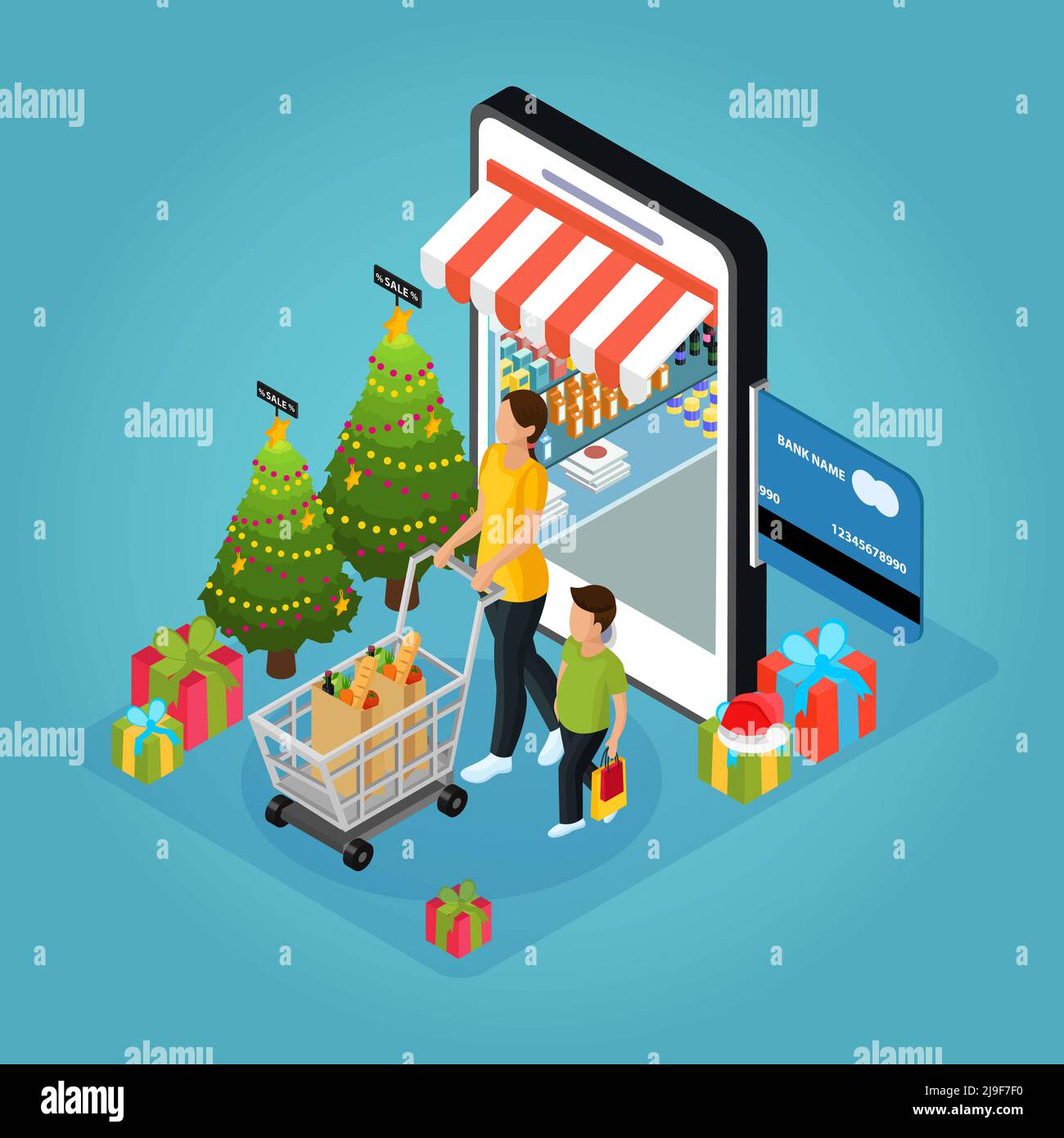 Isometric winter holiday online shopping concept with woman boy present