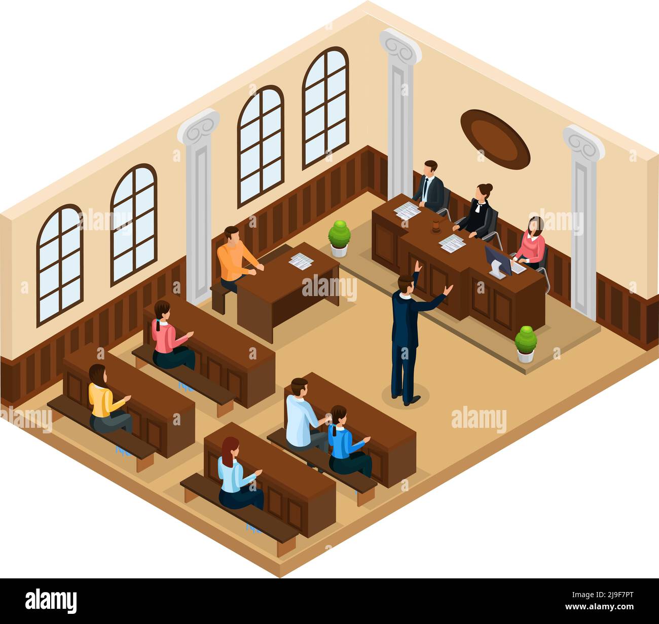 Isometric judicial system concept with lawyer defending his client in
