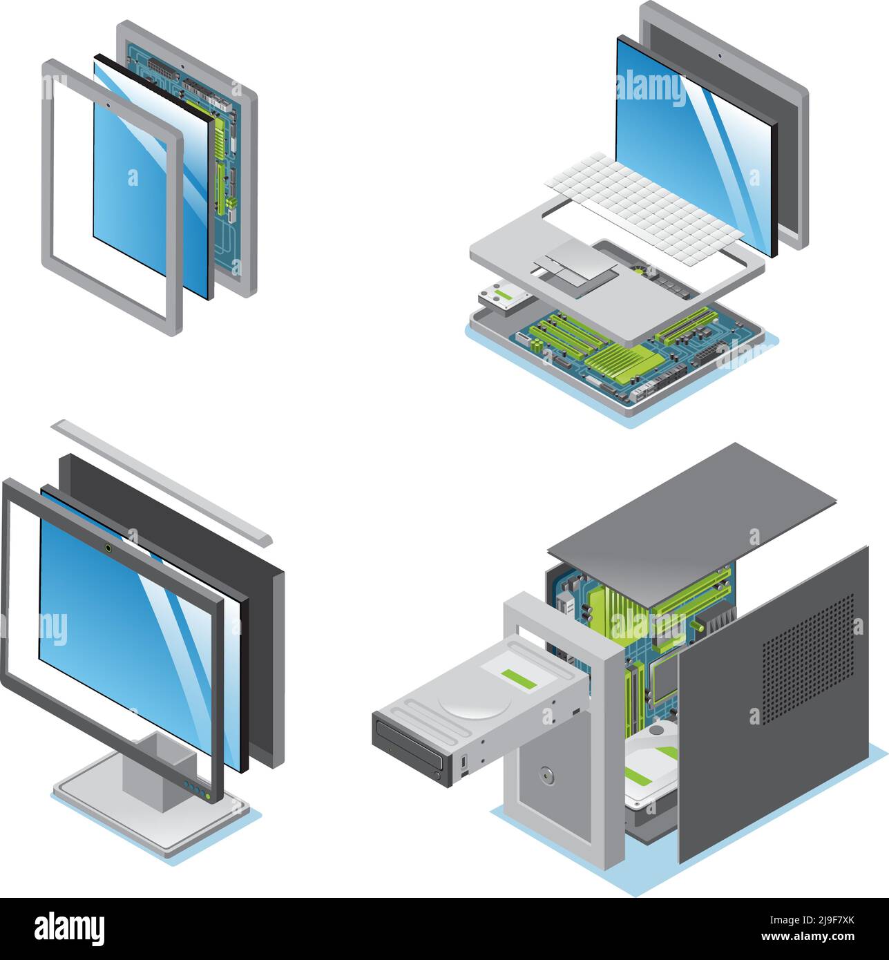 Isometric modern devices and gadgets set with parts and components of