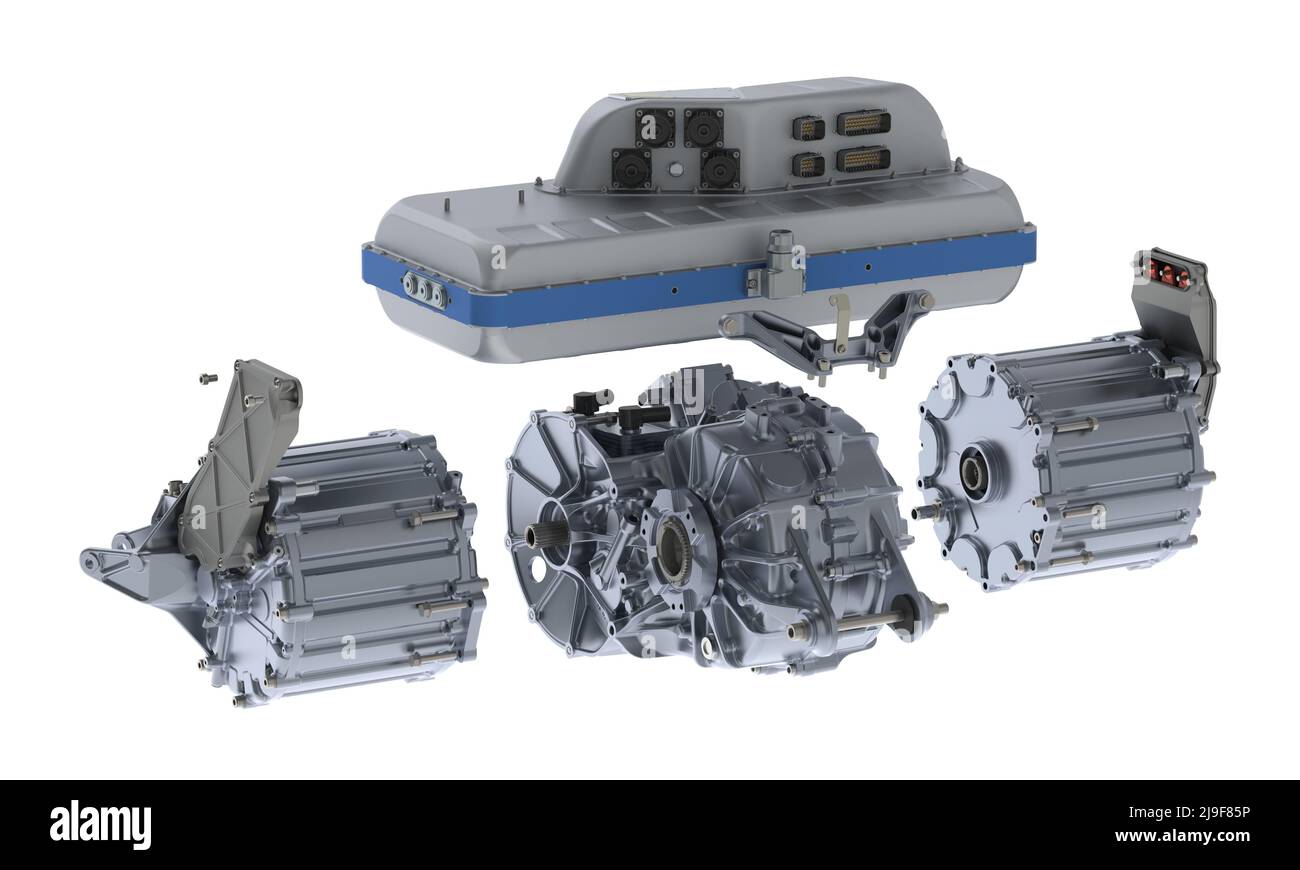 Electric motor for electric car, EV engine exploded view, 3D rendering