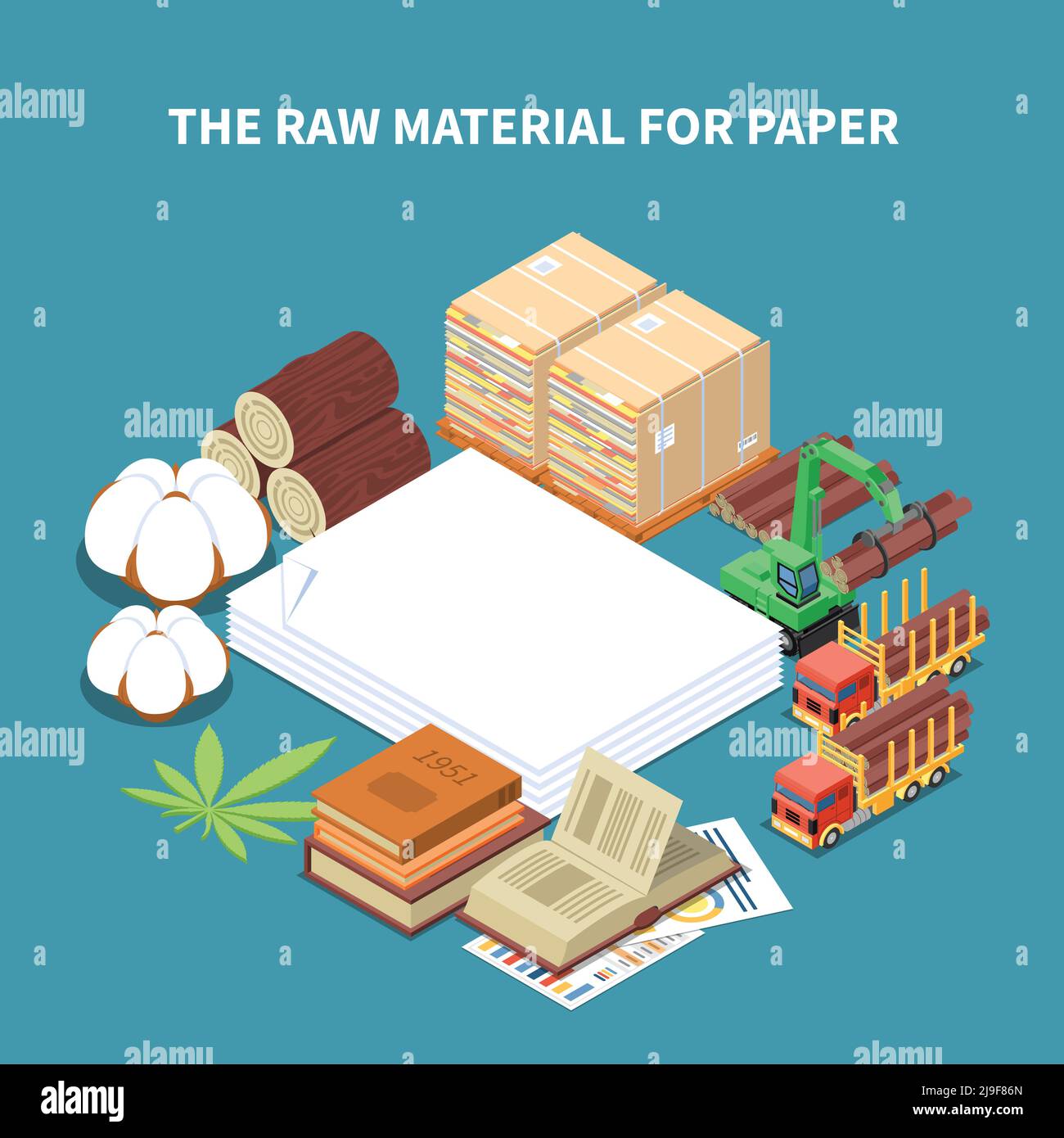 Paper production isometric background with raw wood materials and