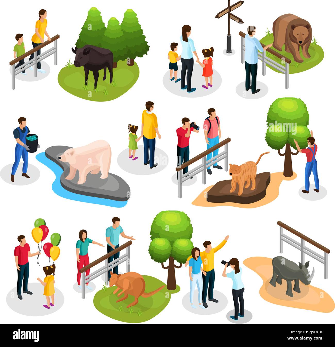 Isometric zoo elements collection with different animals families children and zookeepers isolated vector illustration Stock Vector