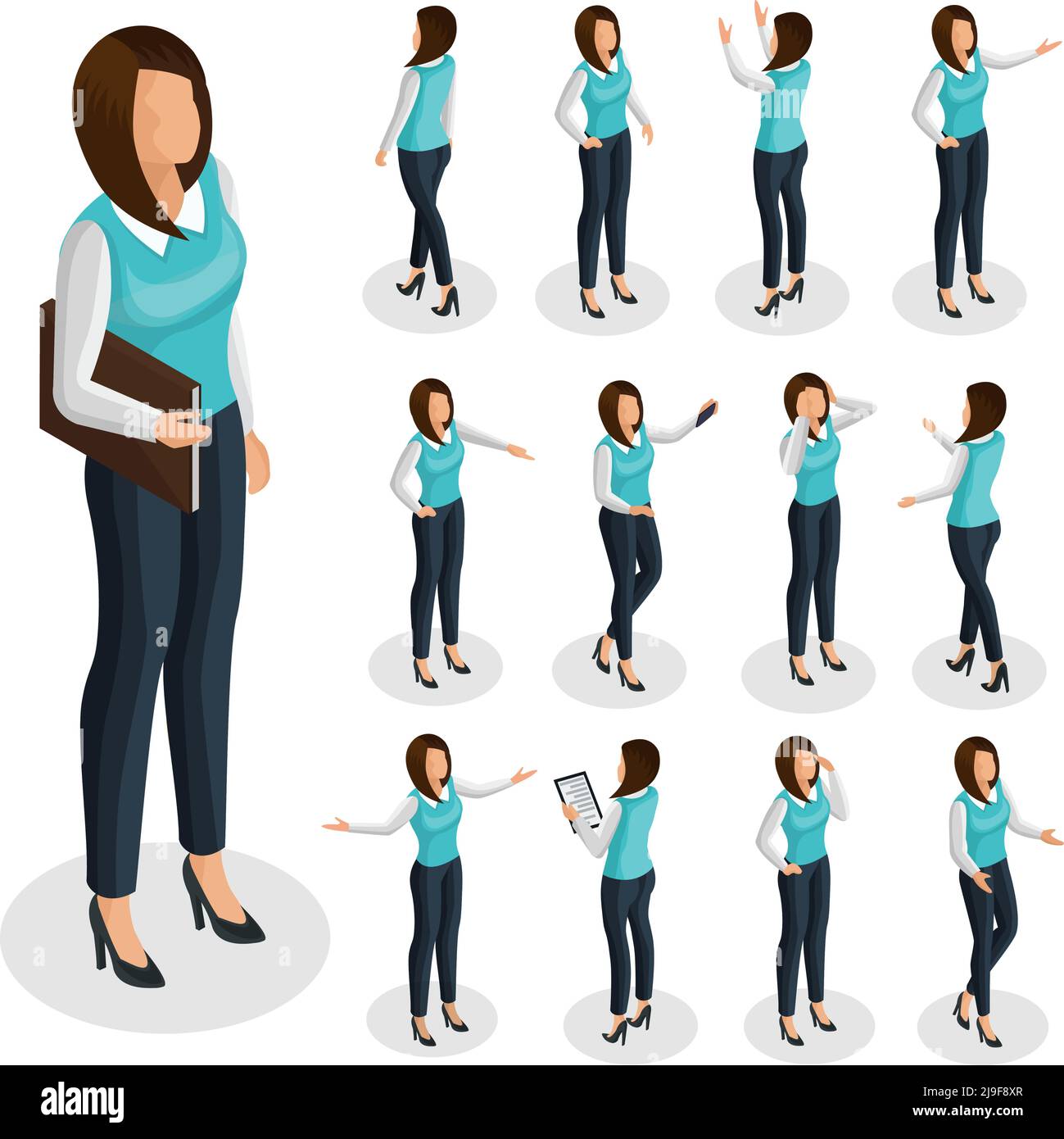 Isometric business woman set with businesswoman wearing office clothes and standing in different poses isolated vector illustration Stock Vector