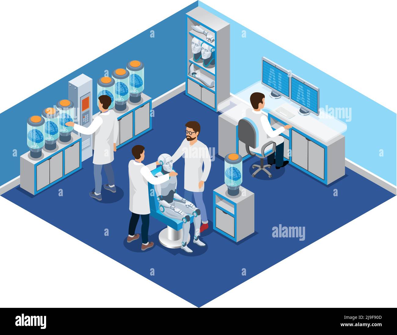 Isometric artificial intelligence concept with scientists create robots and cyborgs in laboratory isolated vector illustration Stock Vector