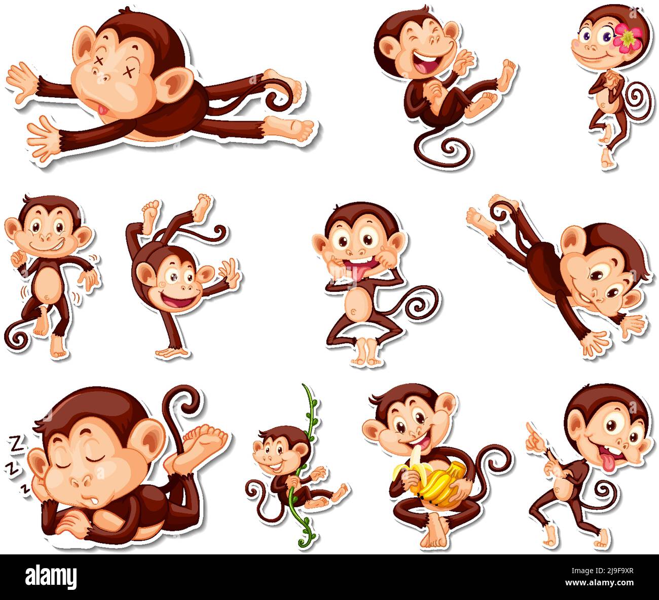 Sticker set of funny monkey cartoon characters illustration Stock ...